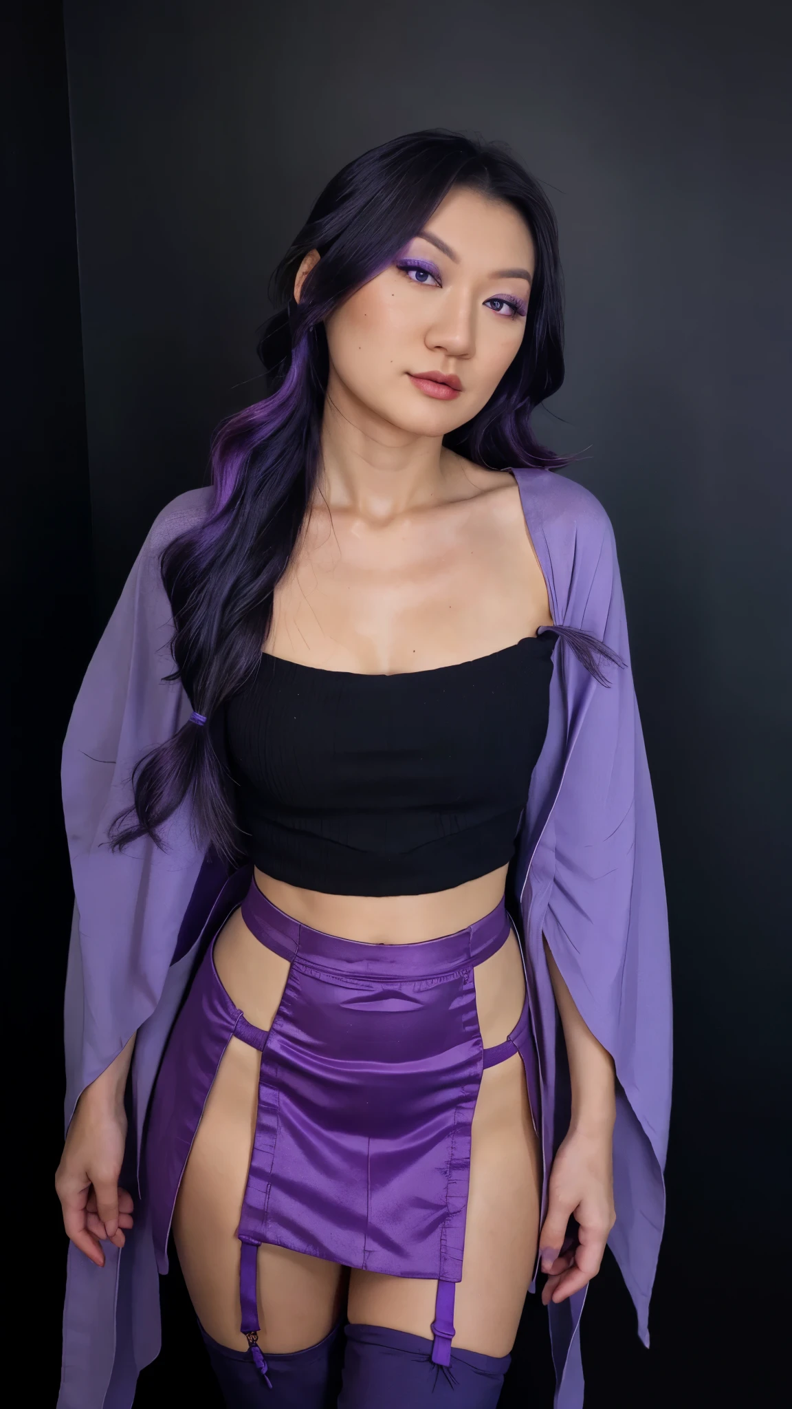 masterpiece, best quality,solo,girl,raiden shogun,closeup cleavage,photorealestic,realisticlying,skin textures,with black background,skinny pants,big breasts, beautiful,upperbody closeup, purple eyes, japanese clothes, purple hair, long hair,purple kimono, thighhighs, kimono, weapon, braid, (((short skirt)))