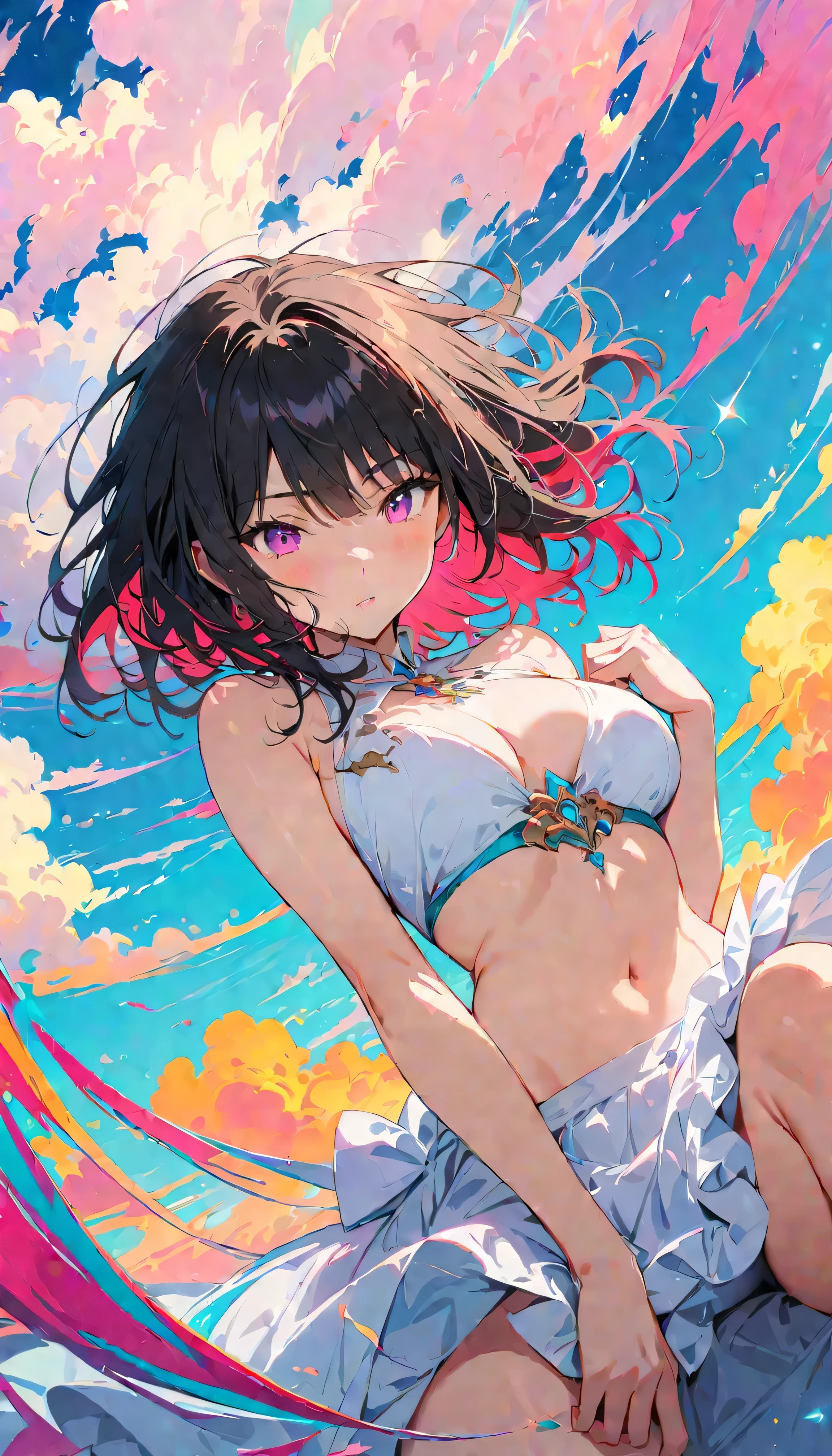 Best Quality, Very detailed, High resolution, Vibrant, masterpiece, Best Quality, Best aesthetics, One Woman, Super Fine, 8k, Very detailed, Beautiful Goddess, Pastel colored clouds, Pop Art, Delicate and dynamic, Pastel Color Fantasy, Black Hair, Official Art, Dynamic Angle, young