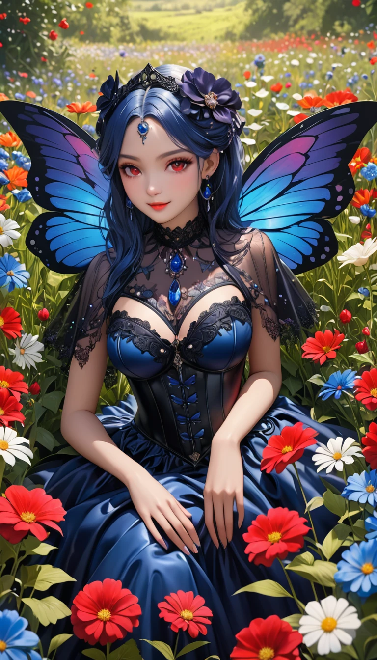 high details, best quality, 16k, RAW, [best detailed], masterpiece, best quality, (extremely detailed), full body, ultra wide shot, photorealistic, dark fantasy art, goth art, RPG art, D&D art, a picture of a dark female fairy resting in a flower meadow, extremely beautiful fairy, ultra feminine (intense details, Masterpiece, best quality), best detailed face (intense details, Masterpiece, best quality), having wide butterfly wings, spread butterfly wings (intense details, Masterpiece, best quality: 1.3), (blue: 1.5)  colors wings (intense details, Masterpiece, best quality), (blond) hair, long hair, shinning hair, flowing hair, shy smile, innocent smile, (red: 1.3) eyes, dark blue lips, wearing [azure] dress latex corset (intense details, Masterpiece, best quality), dynamic elegant shirt, chocker, wearing (blue: 1.3) high heels, in various shades of red colored flower meadow (intense details, Masterpiece, best quality), (red flowers: 1.2) , (black flowers: 1.2), (white flowers: 1.2), (blue flowers: 1.3) [extreme many flowers] (intense details, Masterpiece, best quality), dark colorful flowers (intense details, Masterpiece, best quality), flower meadow in a dark goth field background, dim light, cinematic light, High Detail, Ultra High Quality, High Resolution, 16K Resolution, Ultra HD Pictures, 3D rendering Ultra Realistic, Clear Details, Realistic Detail, Ultra High Definition, #chinese cloth, dungeons and dragons, DonMDr4g0nXL