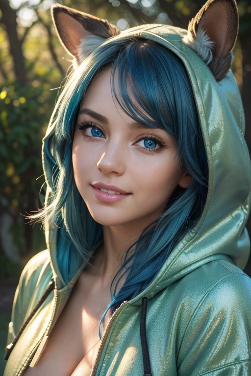 (best quality: 1.2), (High resolution, 4K, 8k), (masterpiece: 1.2), ultra detailed, (realistic, photorealistic: 1.37), Yoshino Astral Dress, (long hair, hair between the eyes, blue hair ), naughty and cheeky face, cinematic lighting, (Beautiful big blue eyes, bright and realistic), visible features, natural cheek, light skin, soft lips, smile, Teeth, (detailed face with perfect symmetry), highly detailed facial and textural skin, medium breasts, shiny skin, perfect anatomy, perfectly shaded body, Animal Sweatshirt, Green Jacket, hood up, rabbit coat, no children&#39;s clothes, (sweaty body: 1.2), sensual legs, full photo below