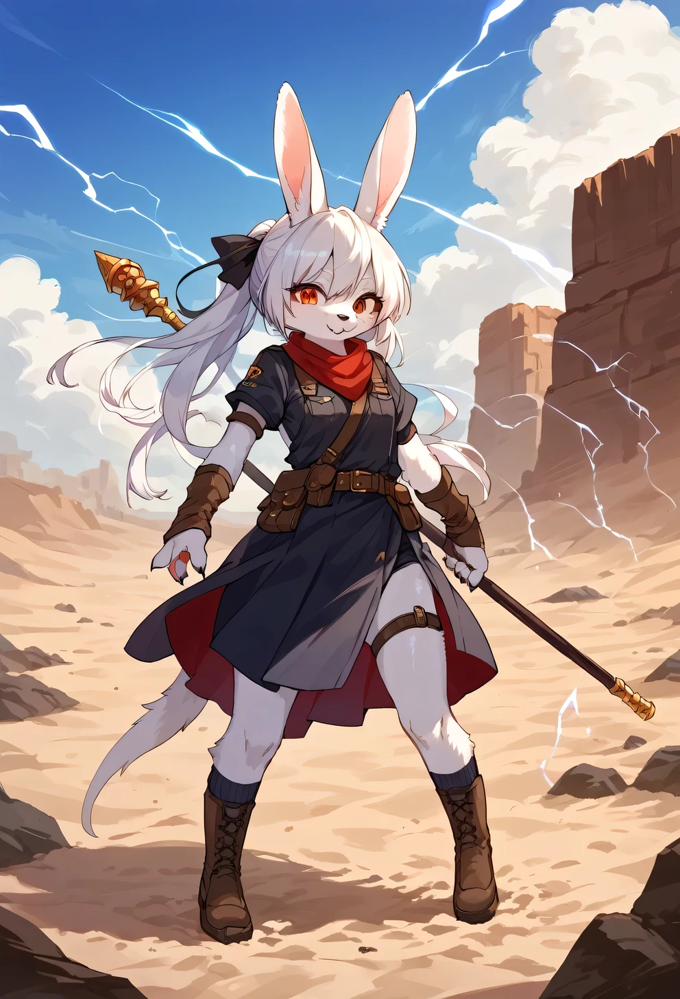 score_9, score_8_up, score_7_up, score_6_up, score_5_up, score_4_up, source_anime, best quality, amazing quality, very aesthetic, absurdres, 1girl, (furry, kemono:1.2), rabbit, In the desert wasteland, a heroine faces off against an evil emperor. The heroine holds a magical staff, surrounded by glowing lightning. The background is filled with swirling sand and strong contrasting shadows. The evil emperor wears a cold smile, creating an atmosphere of courage and tension.