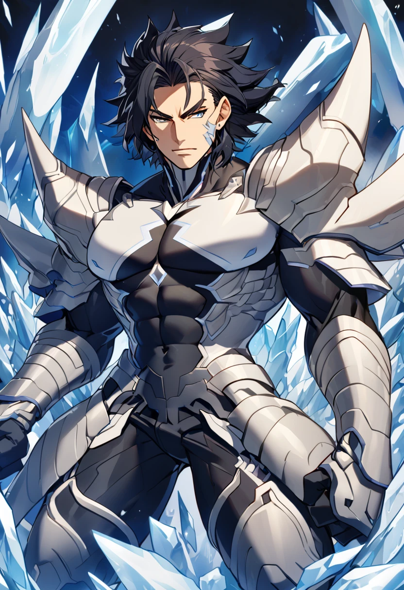 Huge muscles,Devilish wings,Devilish horns,Clear liquid dripping from penis,black costume,Huge erect penis,Ready your weapon,An angel cloaked in evil aura,The color of the face is Caucasian skin tone.,A white suit with blue lines