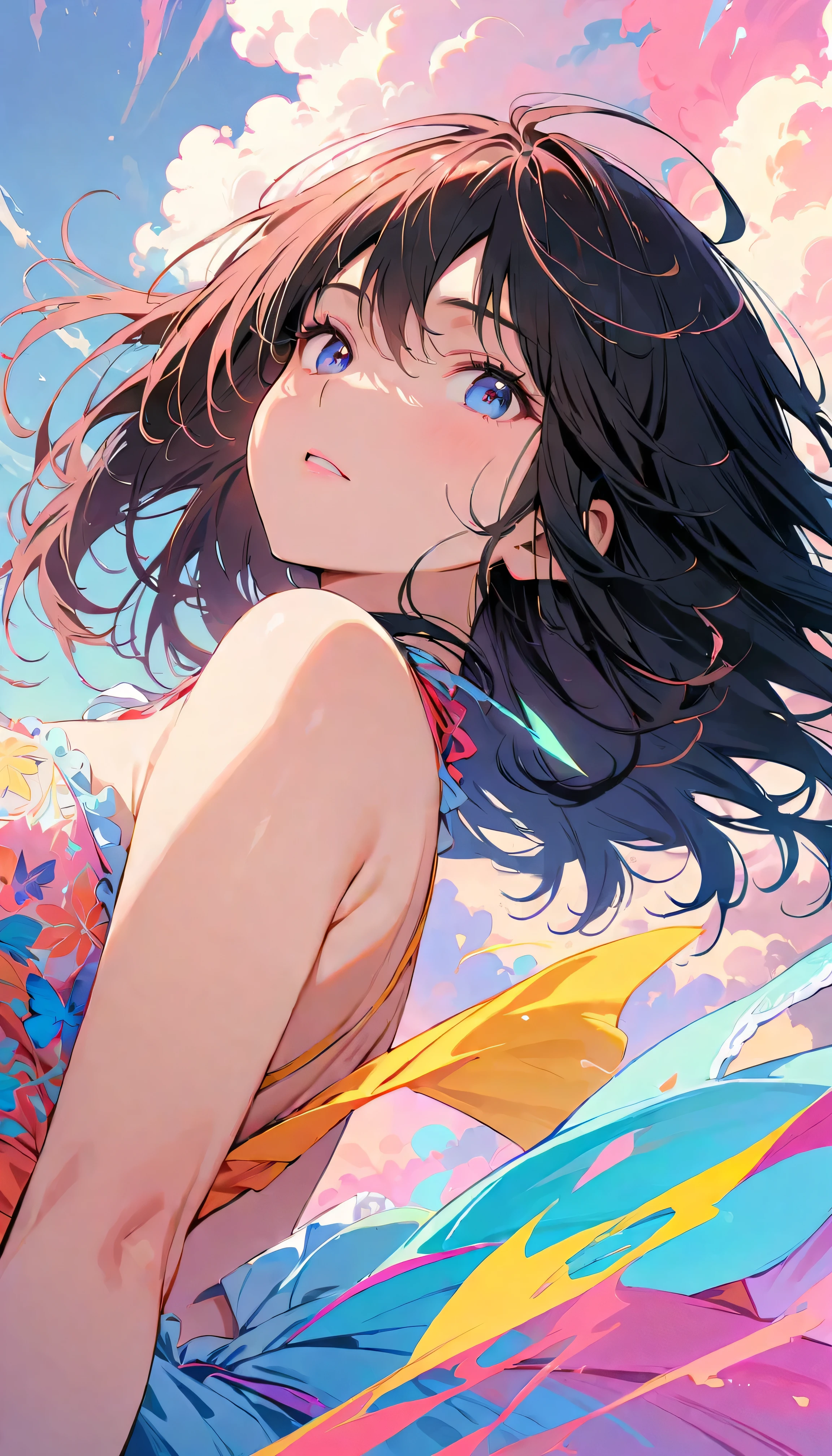 Best Quality, Very detailed, High resolution, Vibrant, masterpiece, Best Quality, Best aesthetics, One Woman, Super Fine, 8k, Very detailed, Beautiful Goddess, Pastel colored clouds, Pop Art, Delicate and dynamic, Pastel Color Fantasy, Black Hair, Official Art, Dynamic Angle, young