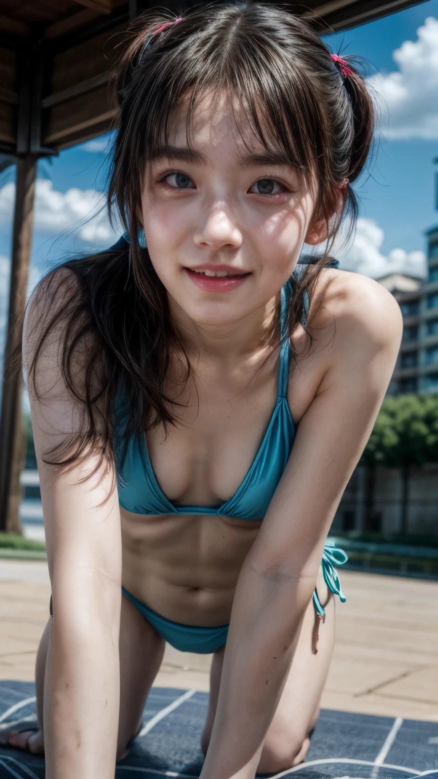 (realistic, photo-realistic:1.37), (masterpiece, best quality), high resolution, intricate details, extremely detailed, cinematic lighting, gravure photography, a Japanese young woman, (revealing bikini, all fours, face focus:1.5), (flat chest:1.4), (dark hair, twintails hair, hair ornament:1.2), pale skin, fine-textured skin, (detailed face, detailed eyes, symmetrical eyes, beautiful dark-brown pupils, sophisticated nose, big smile), 
photo background, outdoors, urban scape, port area, daytime, sunny, blue sky and clouds,