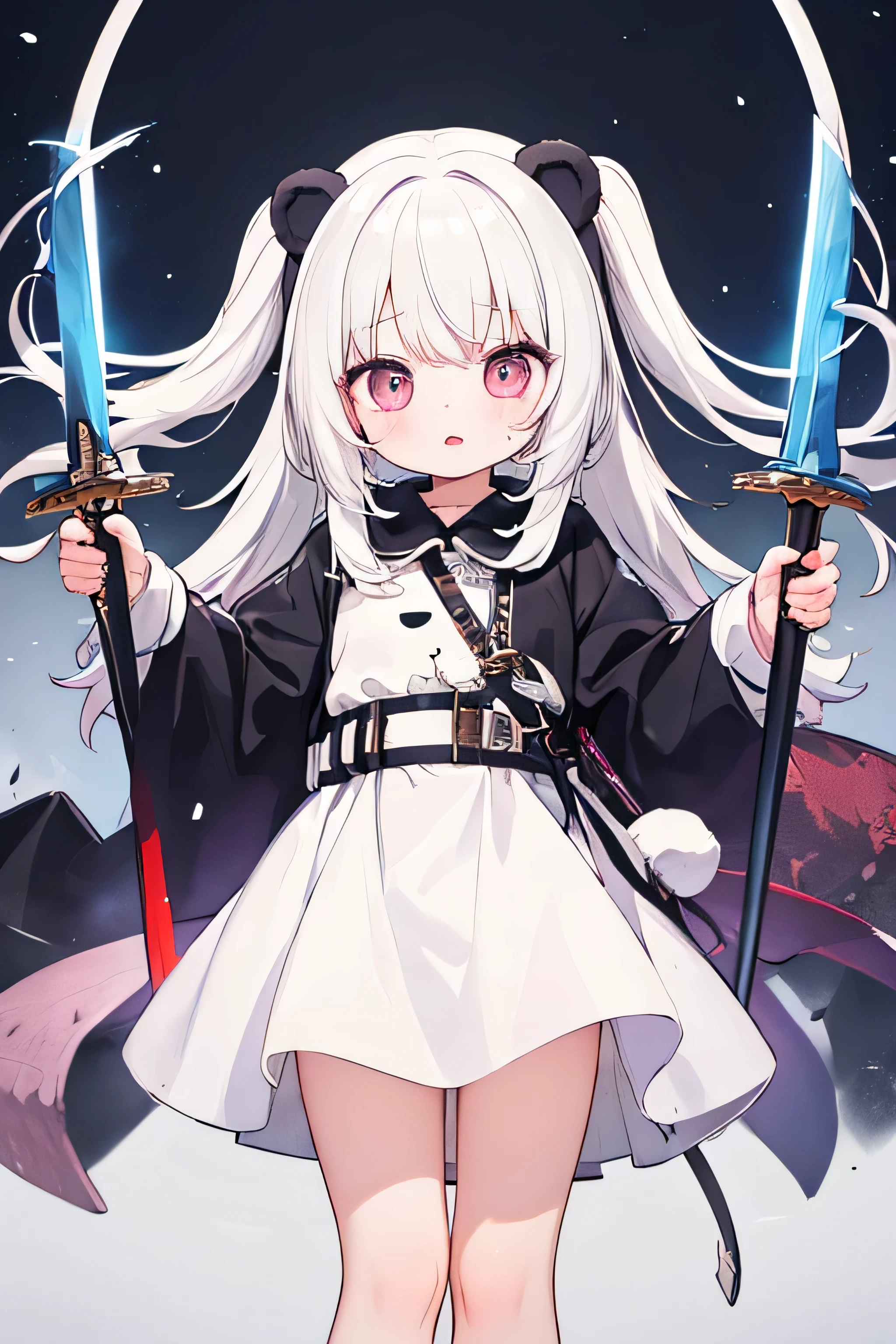 A cute bear girl, Wearing cute clothes, cute pose, cute expression, White hair, Holding a sword in one's hand, Lori
