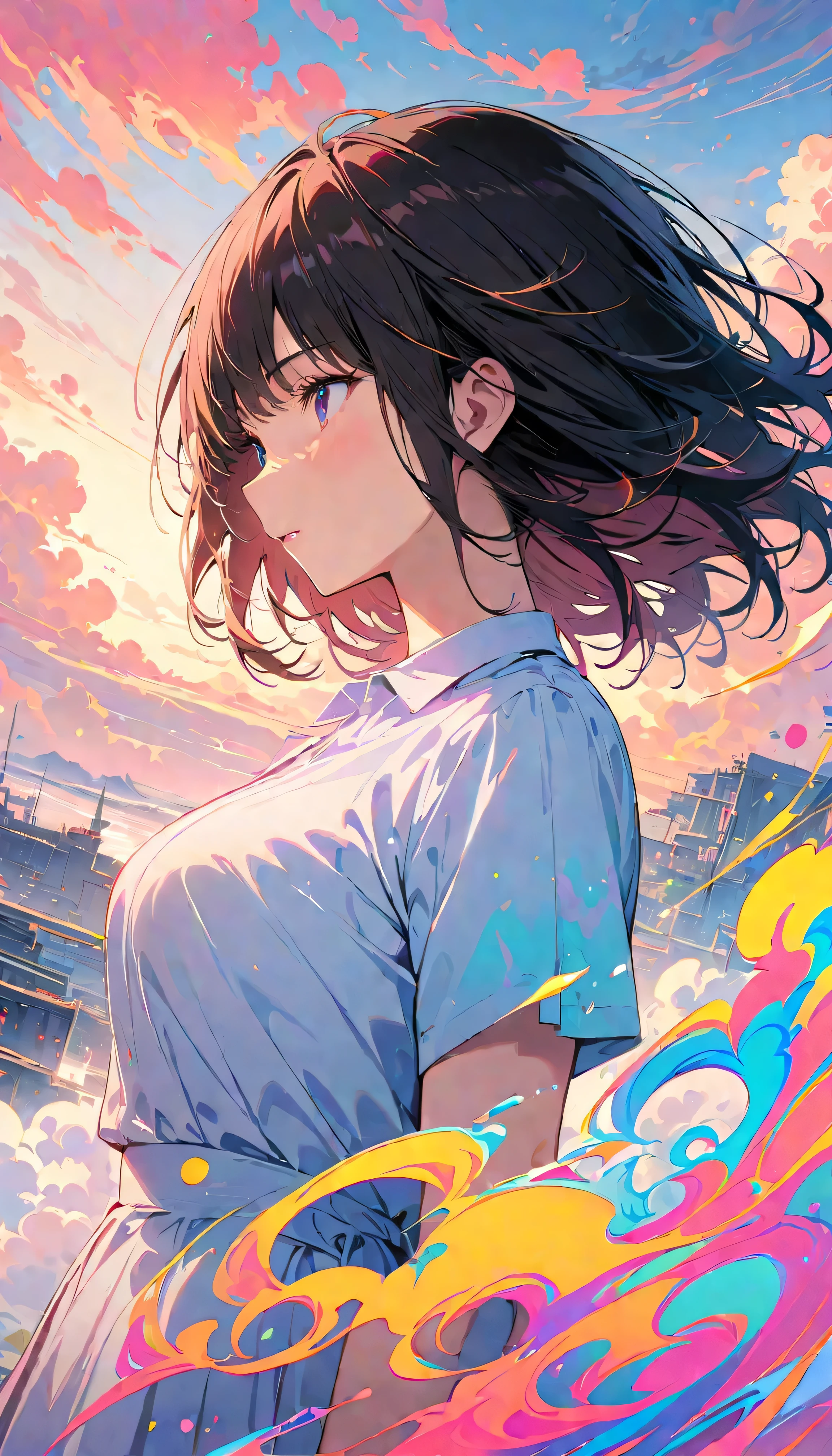 Best Quality, Very detailed, High resolution, Vibrant, masterpiece, Best Quality, Best aesthetics, One Woman, Super Fine, 8k, Very detailed, Beautiful Goddess, Pastel colored clouds, Pop Art, Delicate and dynamic, Pastel Color Fantasy, Black Hair, Official Art, Dynamic Angle, young