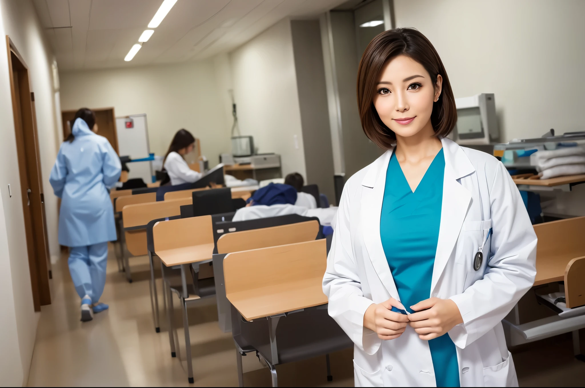 Arafed woman in a lab coat standing in a room with chairs - SeaArt AI