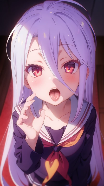 1girl, long hair, very long hair, hair between eyes, red eyes, bright pupils, multicolored eyes, multicolored hair, 
BREAK shirt, long sleeves, school uniform, serafuku, sailor collar, neckerchief, white sailor collar, yellow neckerchief,
BREAK wariza, (fellatio gesture:1.1), open mouth, gaping mouth,
BREAK light smile,
BREAK looking at viewer, from above,
BREAK indoor,
BREAK (illustration:1),
BREAK (masterpiece, best quality, ultra detailed, professional quality:1.3), HD, rich contrast,