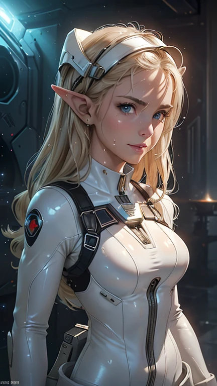 masterpiece, Highest quality, Highly detailed CG Unity 8K wallpapers,((whole body)), ((Spaceship medical room)), (Long pointy ears), Elegant long wavy platinum blonde hair, ((Average chest size, Self-illuminating skin)), ((A revealing white and light blue nurse uniform)), (Sweaty, wet white skin), (blush), , (Captivating smile), cute, Symmetrical face, Detailed eyes, Key Art, Awards, intricate detail realism hdr, Photorealism, Hyperrealism, Ultra-realistic, Dramatic Light, Strong Shadows, Nice views, Written boundary depth
