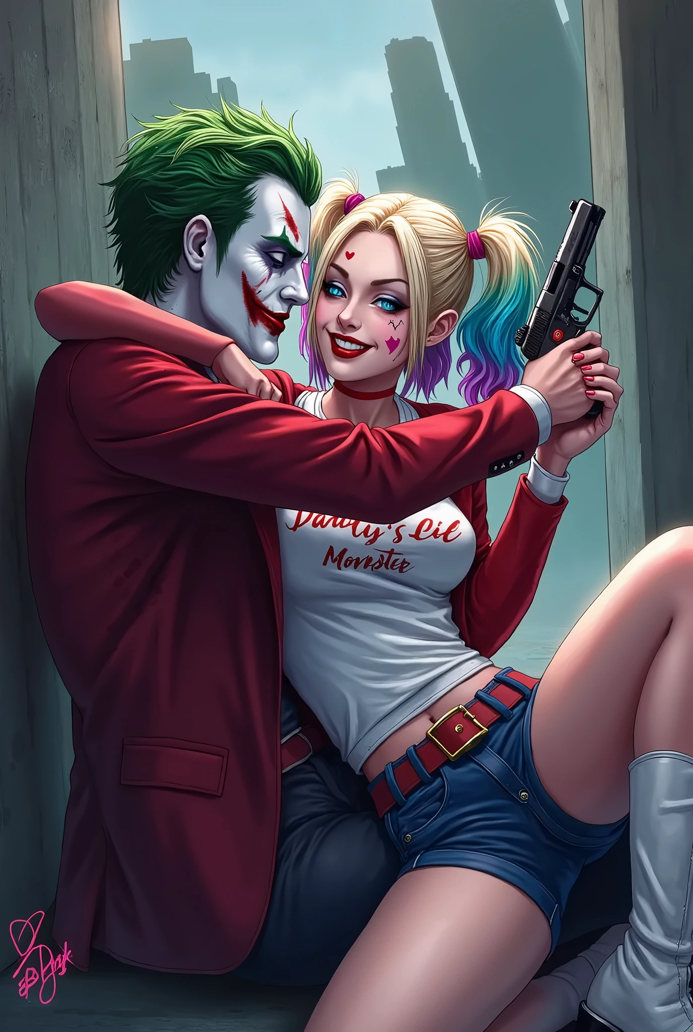 ((highest quality)), ((masterpiece)), ((be familiar with)), ((Margot Robbie)), (Harley Quinn), Perfect Face、8K、Accurate、Wet hair、bathing in  on the face、(On all fours)、realistic tongue、White skin、Accurate指の描写、(Voluptuous body)、Large Breasts、Narrow waist、glamorous、Wearing a choker、TATTOO、(Pudding tattoo on chest)、Cinematic, (Complex:1.4), Low contrast、NSFW, 1boy, 1penis, penis with protruding blood vessels、Thick penis、Realistic penis、REAL glans, REAL tip, NSFW, (deepthroat:1.6), fellatio, Blowjob、Blowjob face、blow Job, Side lighting, Best Shadow, Special effects、(projectile cum:1.3), (excessive cum:1.2), (cum on face), cum on brest, cum on tongue、Side view