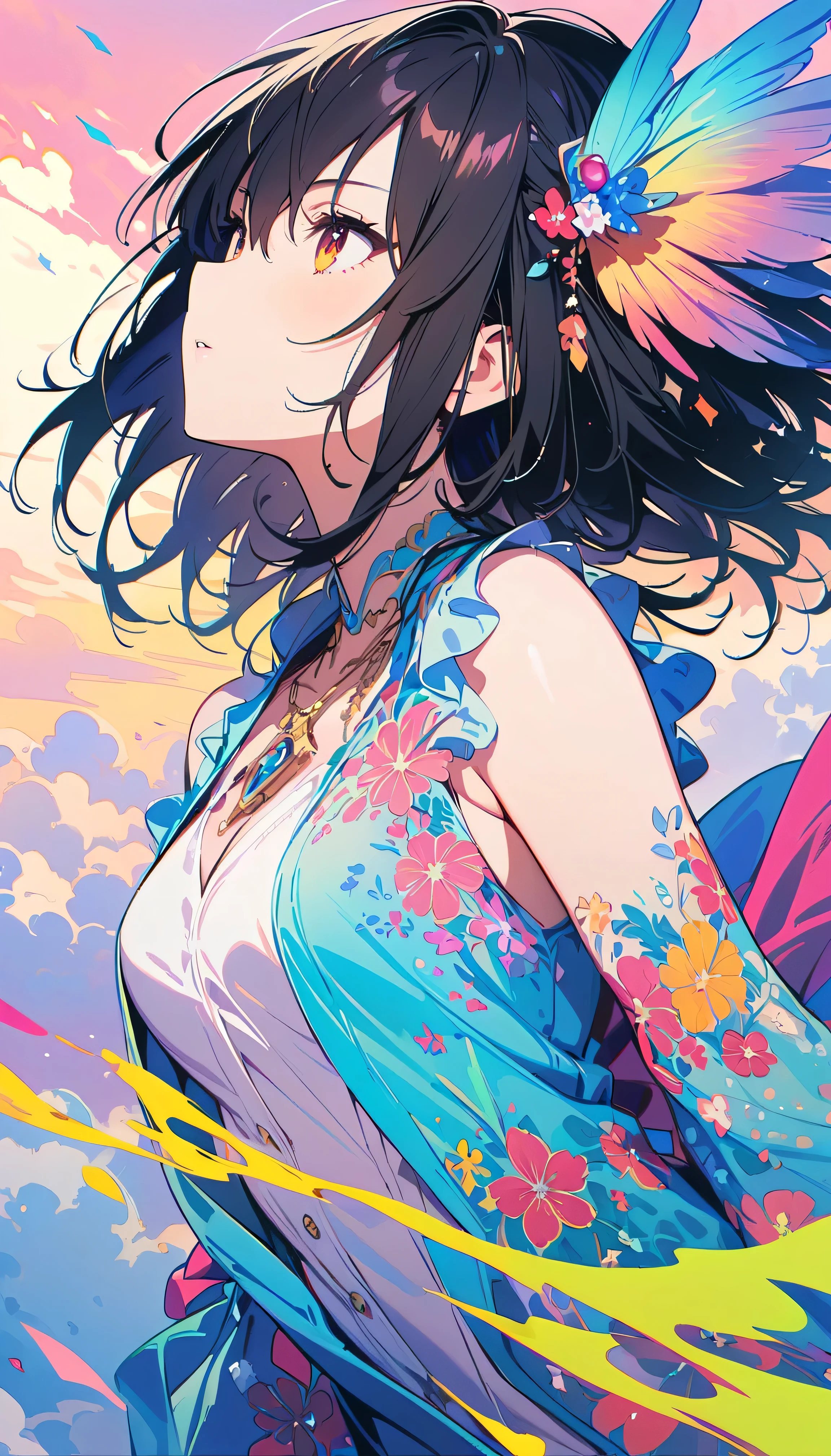 Best Quality, Very detailed, High resolution, Vibrant, masterpiece, Best Quality, Best aesthetics, One Woman, Super Fine, 8k, Very detailed, Beautiful Goddess, Pastel colored clouds, Pop Art, Delicate and dynamic, Pastel Color Fantasy, Black Hair, Official Art, Dynamic Angle