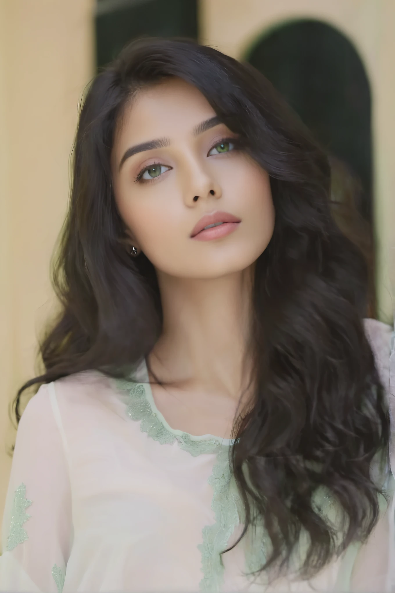 A realistic front side close-up portrait of a beautiful young woman with long, wavy black hair. She has a calm, serene expression, with clear black eyes, full lips, and smooth, fair skin. The background is soft, with a pastel green tone, creating a gentle contrast to her hair. Her hair is tousled and voluminous, framing her face beautifully. She is wearing a simple, light-colored top, with studio lighting that highlights her facial features.