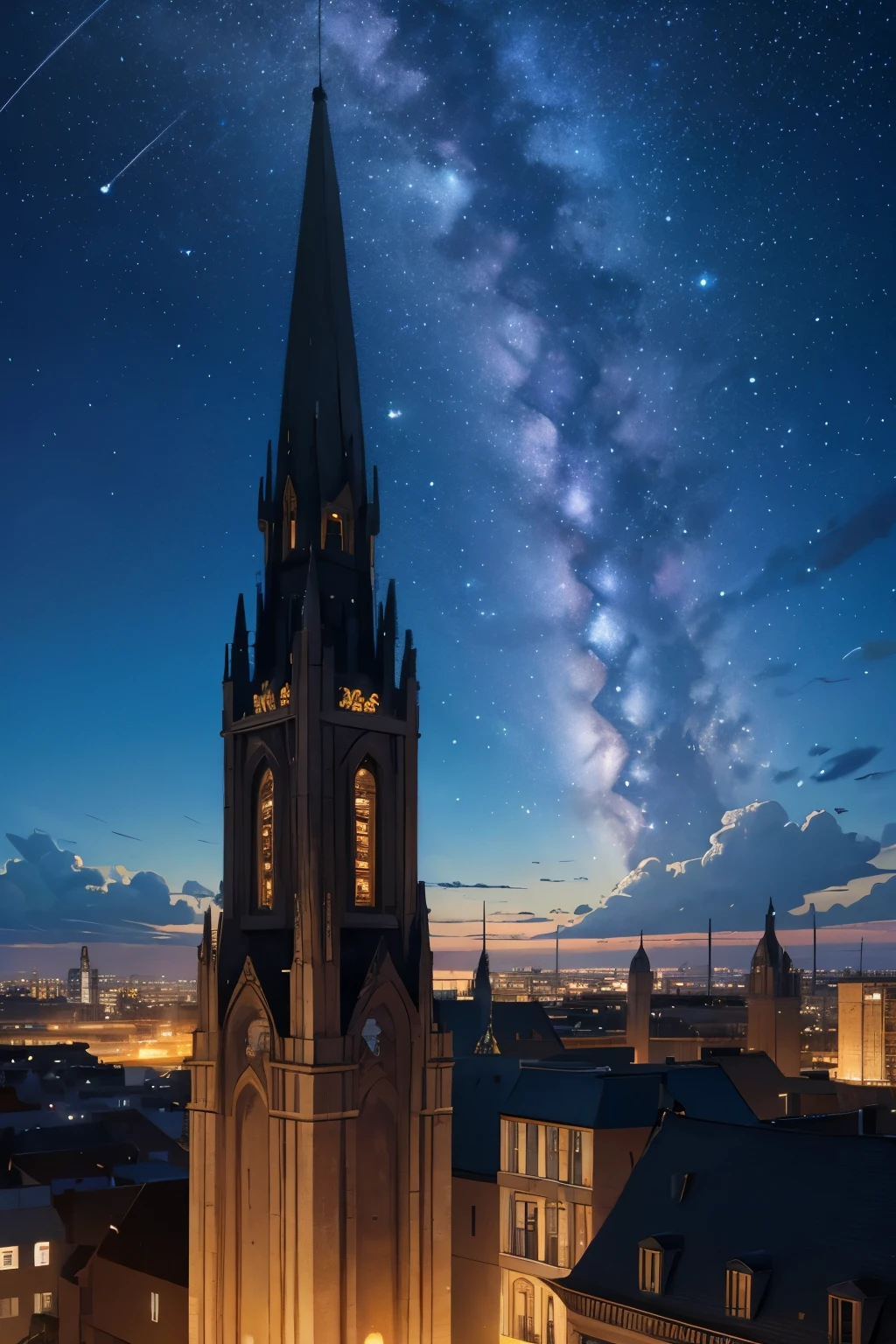 masterpiece, best quality, (stunning cityscape, bay city, scenery, small silhouette of cat on rooftop, night sky:1.2), rooftop of church, rim lighting, cinematic shadow, night view, particle, stone building, perspective, depth of field, sharp focus, HDR, highres, photography, realistic, highest detailed, extreme detailed, ultra detailed, finely detail