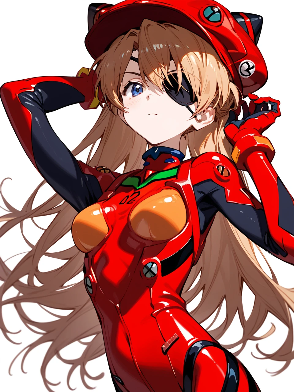 Pixiv 3dcg, Sexy anime style, Anatomically correct, Super detailed, High image quality, 4K、Bodysuits、Evangelion:3.0 (Eye patch)、White background、1 girl、Evangelion新劇場版、Hair Accessories、赤Bodysuits、Cat hat、Red jersey、ジャージの中にBodysuits、新世紀Evangelion、Soryu Asuka Langley、Simple Background、Clavicle cover、Plug Suit