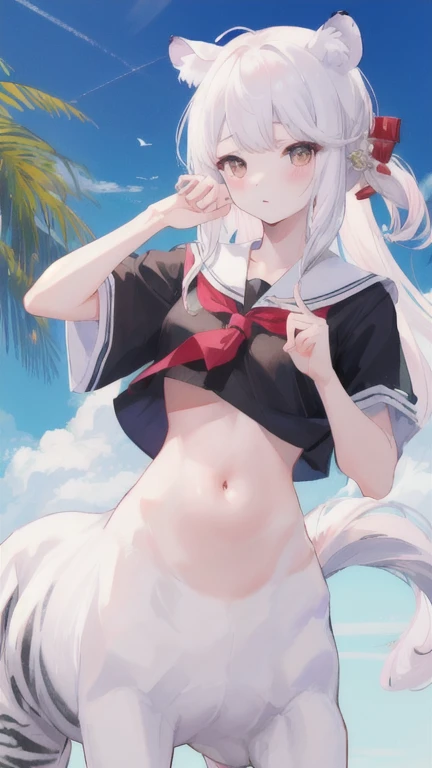 (best quality, masterpiece), 1 girl, centaur, It takes, White skin , Japanese , land athlete,belly button t-shirt, 아름다운 소녀 perfect white tiger photo, perfect white tiger photo