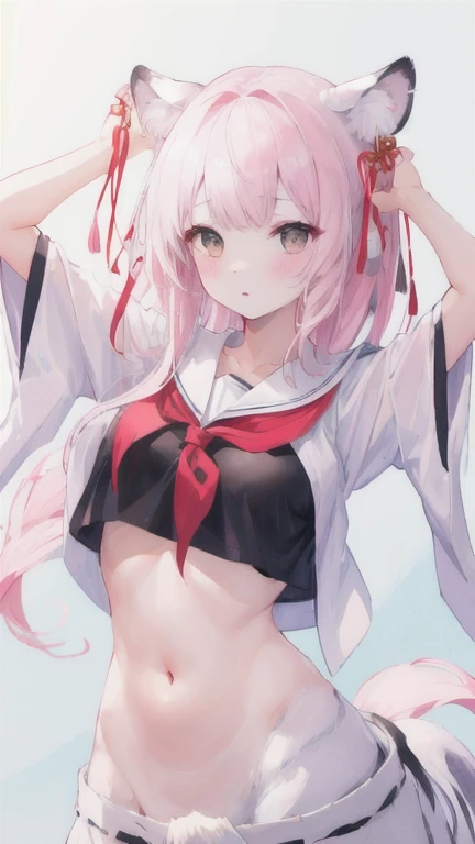 (best quality, masterpiece), 1 girl, centaur, I beg, White skin, Japanese schoolgirl, black pink, exposing the abdomen, belly button t-shirt , beautiful girl perfect, White tiger photo, 완벽한 White tiger photo