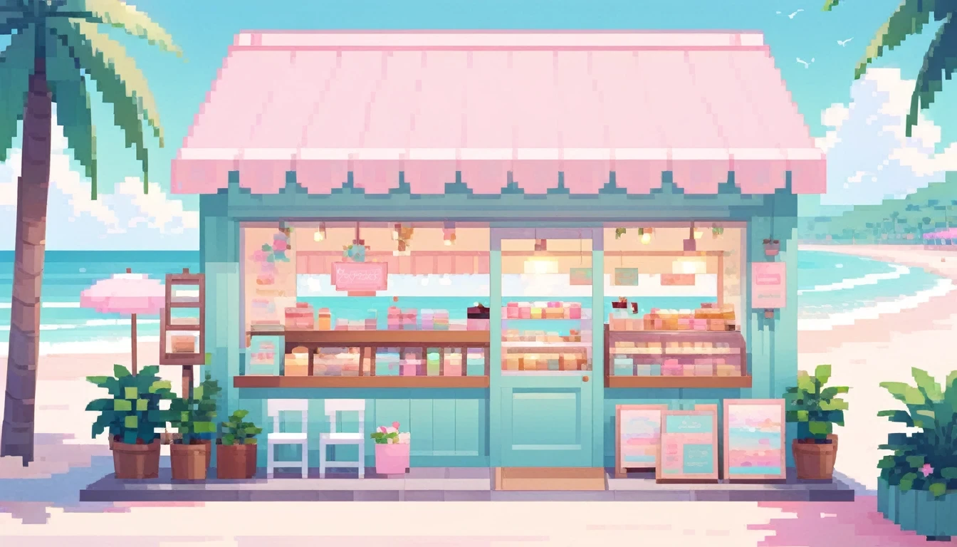 Lofi Cozy Dessert shop , pastel ,minimal ,Cute , Kawaii , Beach