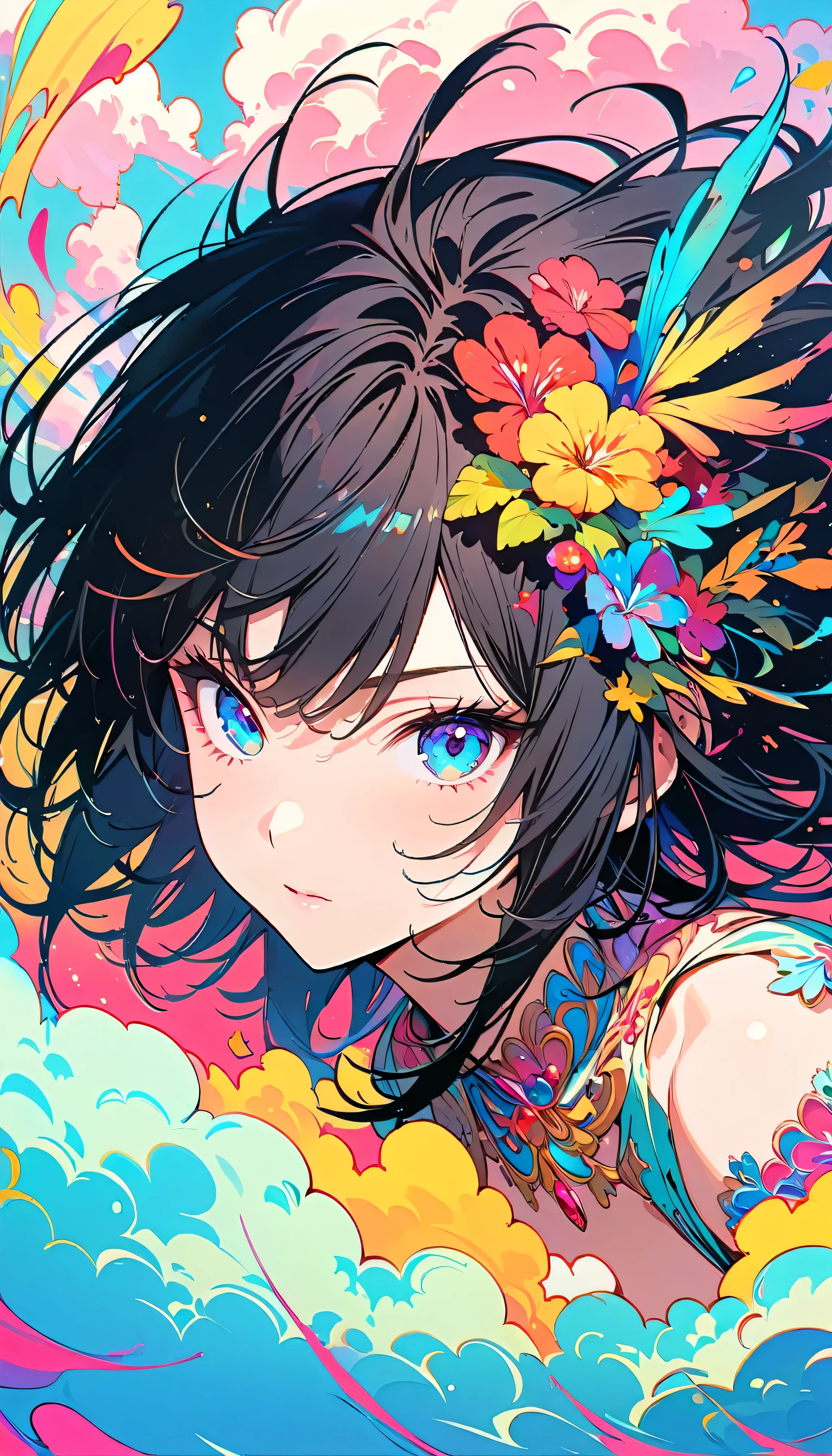 Best Quality, Very detailed, High resolution, Vibrant, masterpiece, Best Quality, Best aesthetics, One Woman, Super Fine, 8k, Very detailed, Beautiful Goddess, Pastel colored clouds, Pop Art, Delicate and dynamic, Pastel Color Fantasy, Black Hair, Official Art, Dynamic Angle