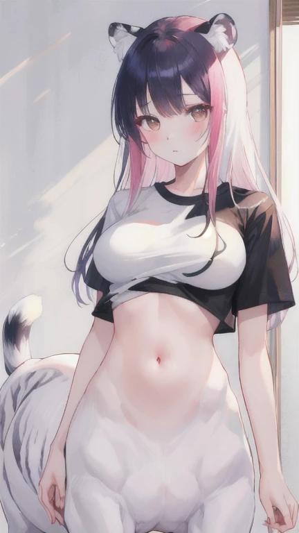 (best quality, masterpiece), 1 girl, centaur, It takes, White skin, Korean ,daughter, black pink, exposing the abdomen, belly button t-shirt , 아름다운 소녀 Perfect wild white tiger photo, Perfect wild white tiger photo