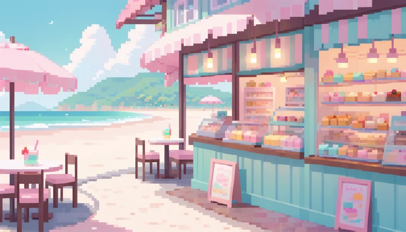 Lofi Cozy Dessert shop , pastel ,minimal ,Cute , Kawaii , Beach