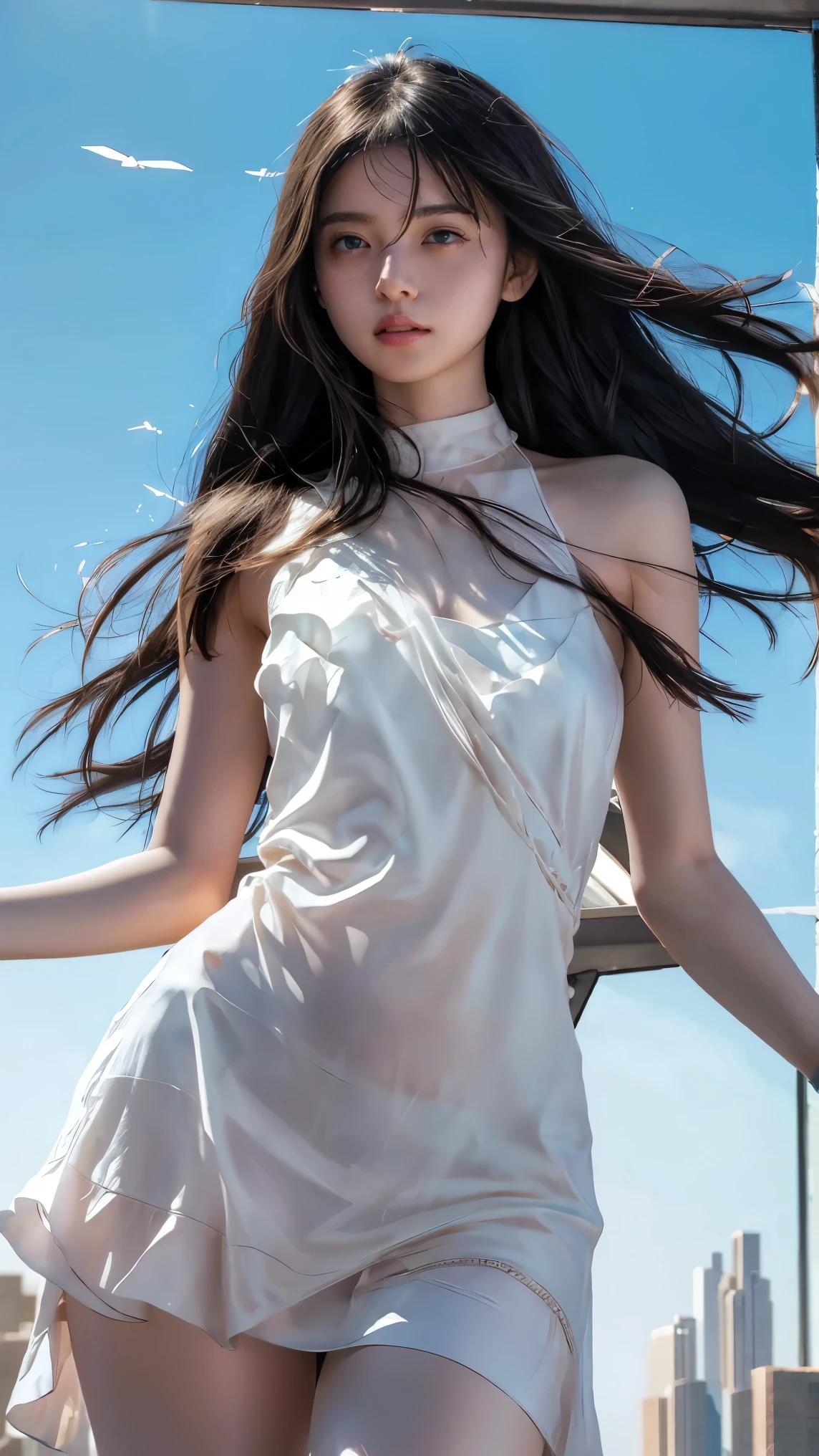 miansha,veil, ((cowboy shot)), ((Bare shoulder)), ((Short hemlines, sexy long legs)), realistic detailed photo of a giant breasted girl with exposed shoulders, detailed fingers, high quality skin, red eyes, alone in a winter scene with clouds, wind, and flowing hair, (best quality,4k,8k,highres,masterpiece:1.2),ultra-detailed,(realistic,photorealistic,photo-realistic:1.37),studio lighting,vivid colors