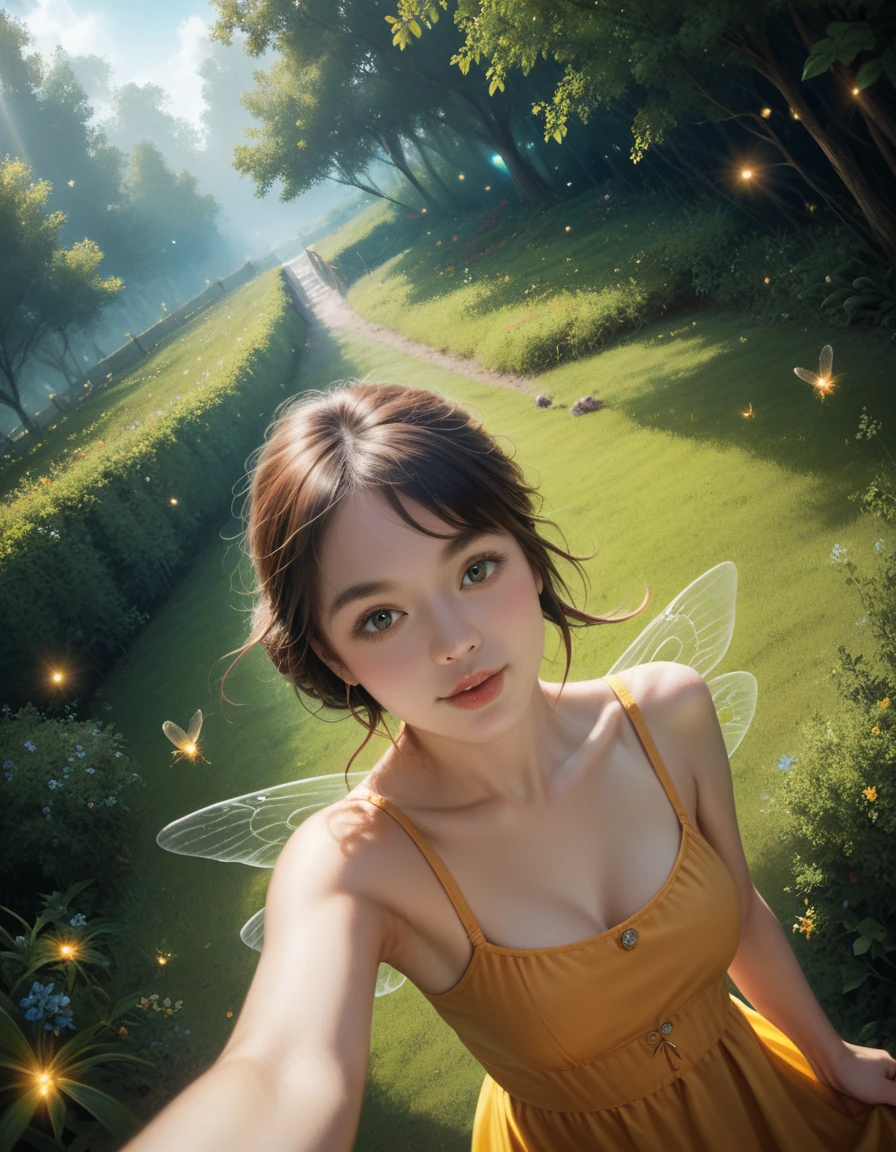 (8k, Best Quality, masterpiece: 1.2), (Realistic, photoRealistic: 1.37), Super detailed, One Girl, Wide angle view, Firefly Garden, There are lots of little faint lights and fireflies flying around, night