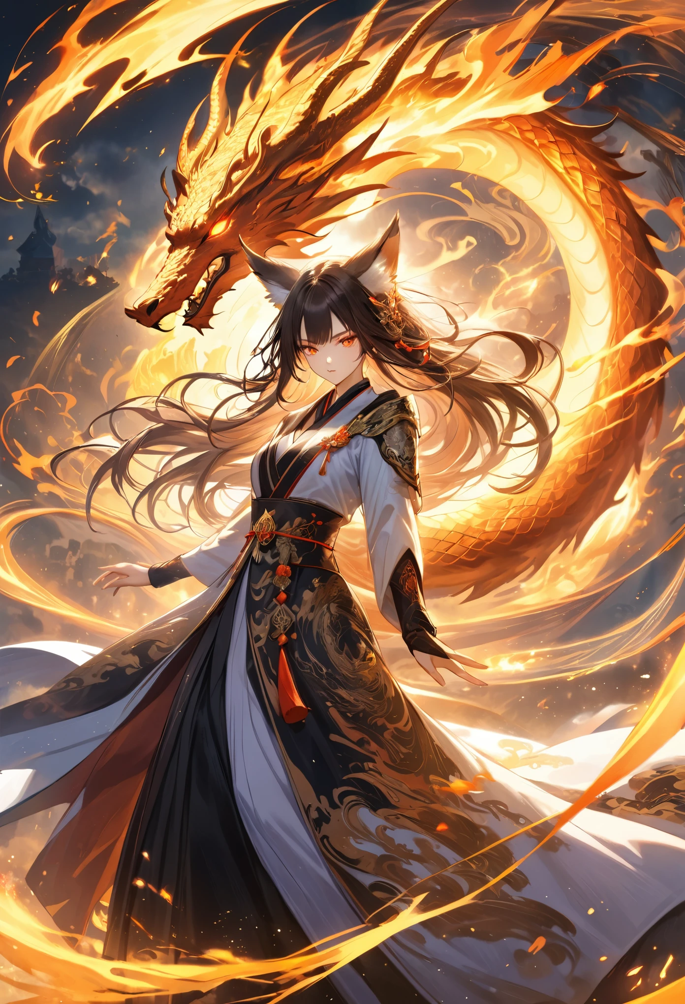 1girl, long flowing hair, fox ear, ceremonial robe, ((floating)), fly,fierce determined expression, large coiling dragon, glowing eyes, magical energy, swirling flames, dynamic pose, style_ethereal_fantasy, visual appealing, synced,intricate character design, mystical,(masterpiece:1.3), (best quality:1.2), (newest), (abrsurdres:1.4)