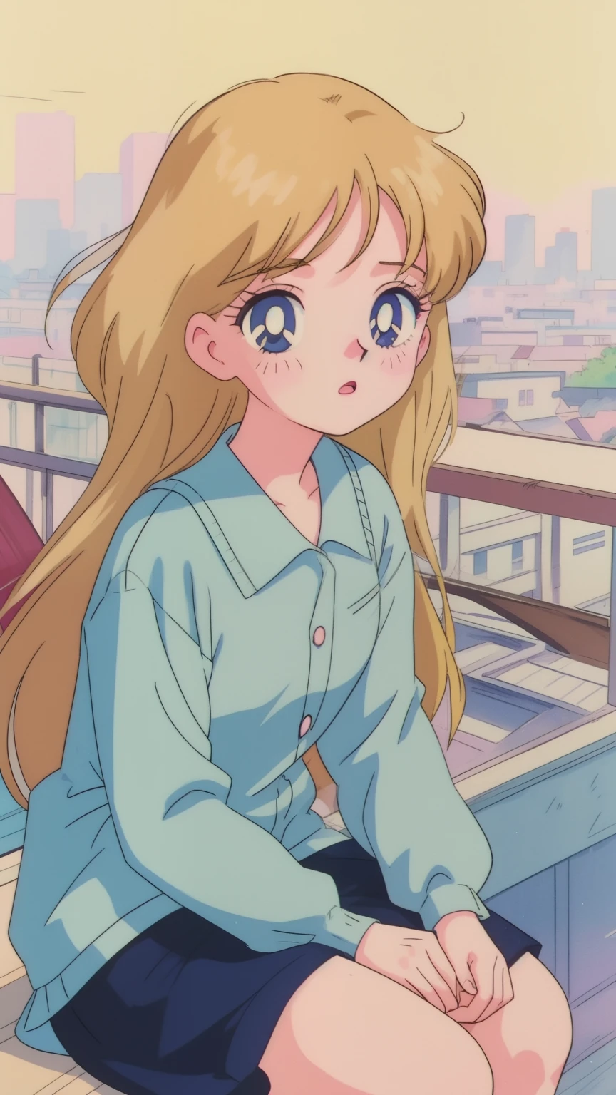 anime boy, 1990s anime style, retro art style, traditional media, (Masterpiece:1.3), (best quality:1.2), (high quality:1.1), beautiful detailed eyes, beautiful detailed lips, extremely detailed face, long eyelashes, cute expression, sitting pose, warm lighting, vibrant colors, soft focus, dynamic composition, stylized background, film grain effect, sitting on rooftop,  rainy day