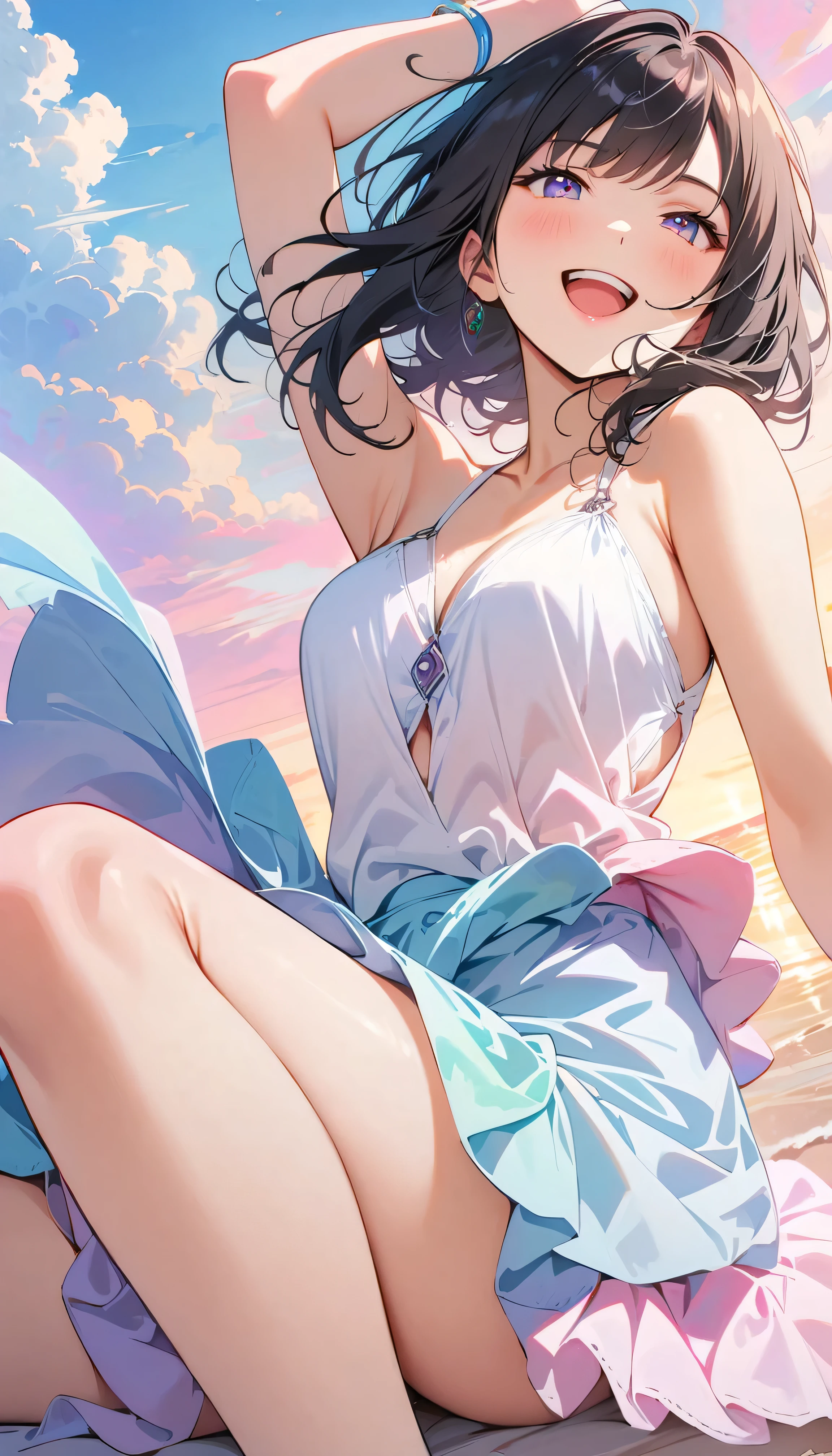 Best Quality, Very detailed, High resolution, Vibrant, masterpiece, Best Quality, Best aesthetics, One Woman, Super Fine, 8k, Very detailed, Beautiful Goddess, Pastel colored clouds, Pop Art, Delicate and dynamic, Pastel Color Fantasy, Black Hair, official art, Dynamic Angle, young, smile, Get excited