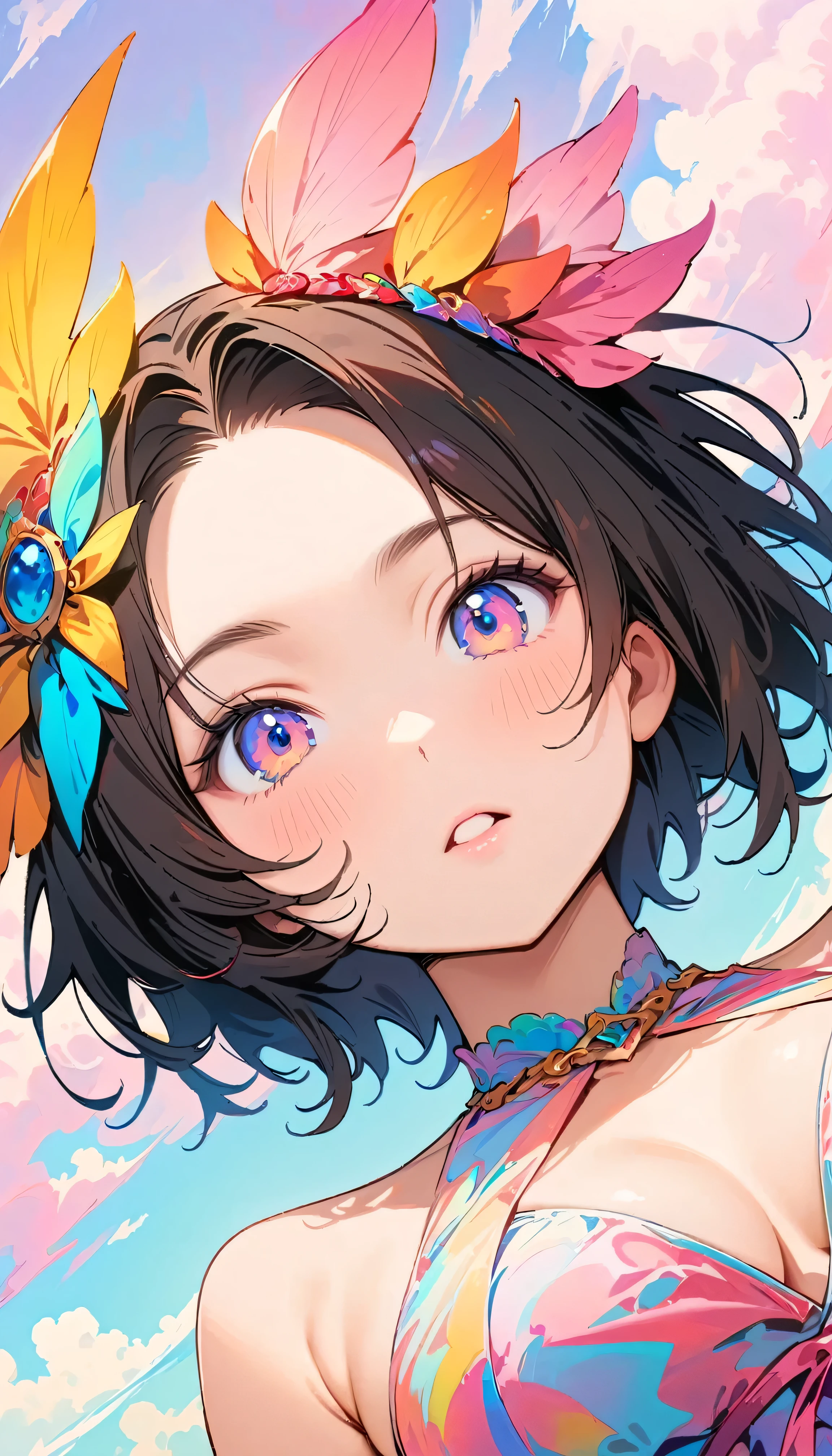 Best Quality, Very detailed, High resolution, Vibrant, masterpiece, Best Quality, Best aesthetics, One Woman, Super Fine, 8k, Very detailed, Beautiful Goddess, Pastel colored clouds, Pop Art, Delicate and dynamic, Pastel Color Fantasy, Black Hair, official art, Dynamic Angle, young