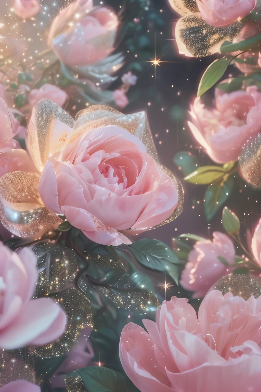 a photorealistic wallpaper, pinterest, peonies, rococo, dreamy aesthetic, fantasy aesthetic!, very magical and dreamy, with soft pink colors, dreamy and detailed, cottagecore!!, beautiful and aesthetic, very aesthetic!!!!!!!!!!!!!!!, beautiful aesthetic, beautiful aesthetic design, pink vibe, high quality, 8k, glitter, glow