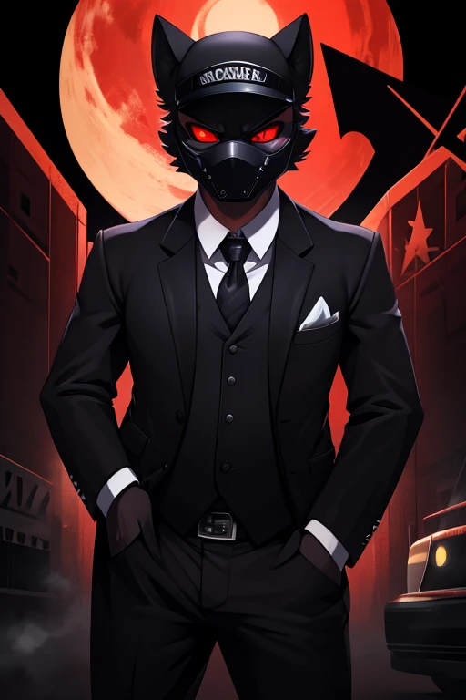 Creates an image of the subject, dressed in black, in a suit like Black Noir, just a little more greyish on the suit plates, and also the visors of his mask are red, Also попробуйте изменить маску, to make it look different, than Black Noir,  chubby,((anarchist)) , absurdity, high resolution, ultra detailed, Give him a cool and menacing look, but at the same time simple, Also,  so that the drawing style would be in anime style with a modern design 