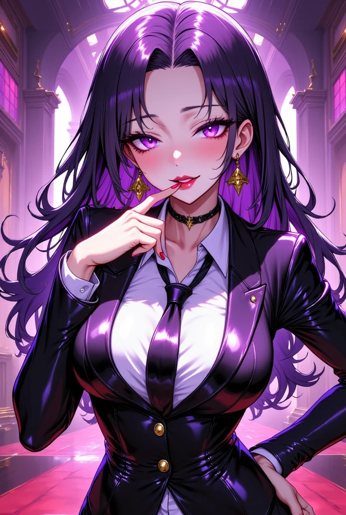 1 mature beautiful woman,(Best Quality,Extremely detailed depiction,Incredibly absurd high definition,Anatomically accurate,Beautiful legs,Detailed pupil,Porcelain-like skin,High quality anime drawings:2.0),(Office Lady,An excellent female secretary,Villainess,Glasses:2.3),(business suit,Latex tight skirt,Formal Shirt,tie,Black tights,Luxurious accessories,Black Leather Choker,High heels),eyelash,(Purple Eyes,Crazy Eyes,Half-closed eyes:2.0,Large Breasts,Wicked Smile:2.3,Glossy lips,Mouth open:2.0,Touching your mouth with your fingers:2.0,Seductive gestures:2.0,forward leaning posture,blush),whole body:2.0,