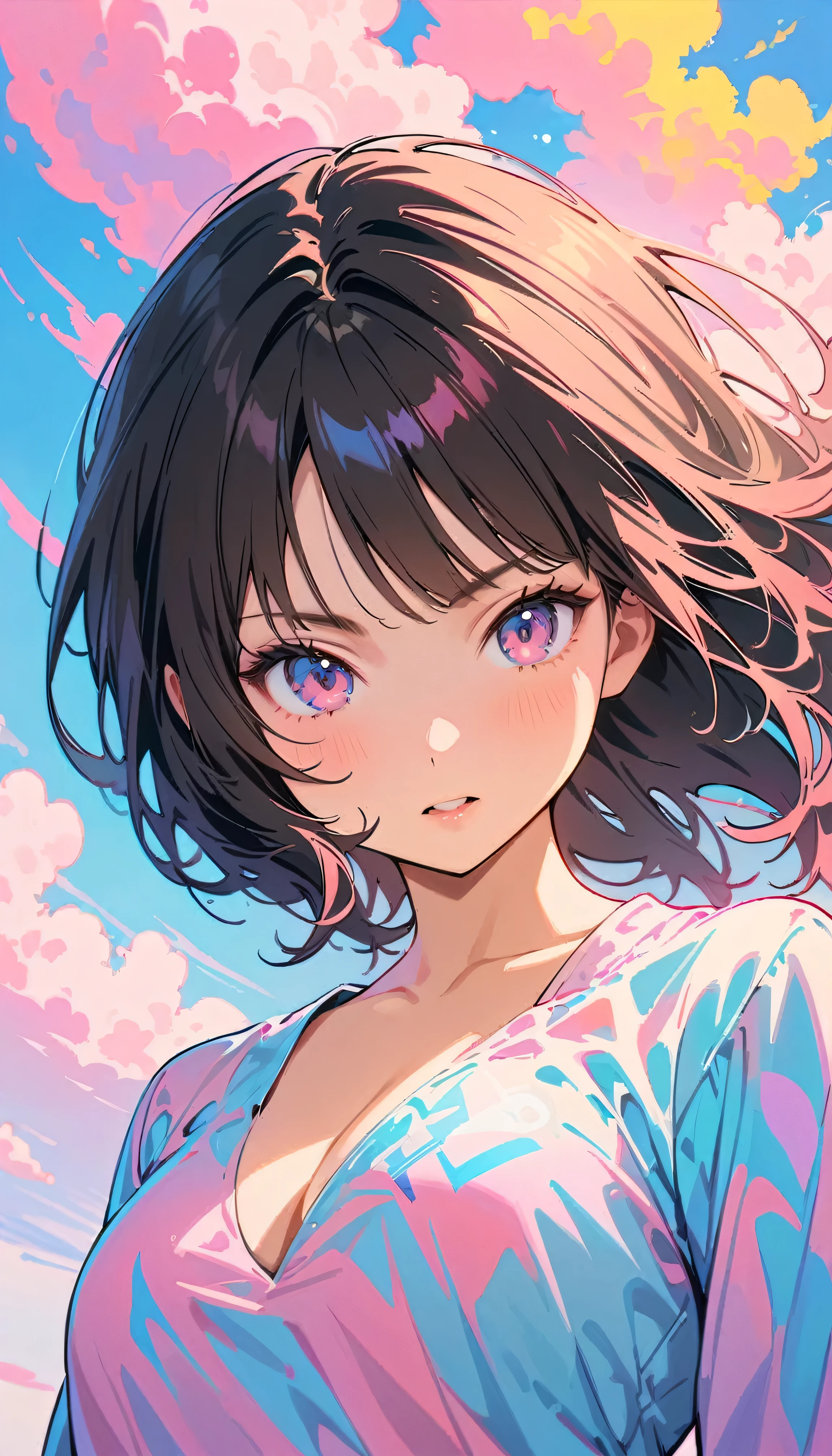 Best Quality, Very detailed, High resolution, Vibrant, masterpiece, Best Quality, Best aesthetics, One Woman, Super Fine, 8k, Very detailed, Beautiful Goddess, Pastel colored clouds, Pop Art, Delicate and dynamic, Pastel Color Fantasy, Black Hair, official art, Dynamic Angle, young