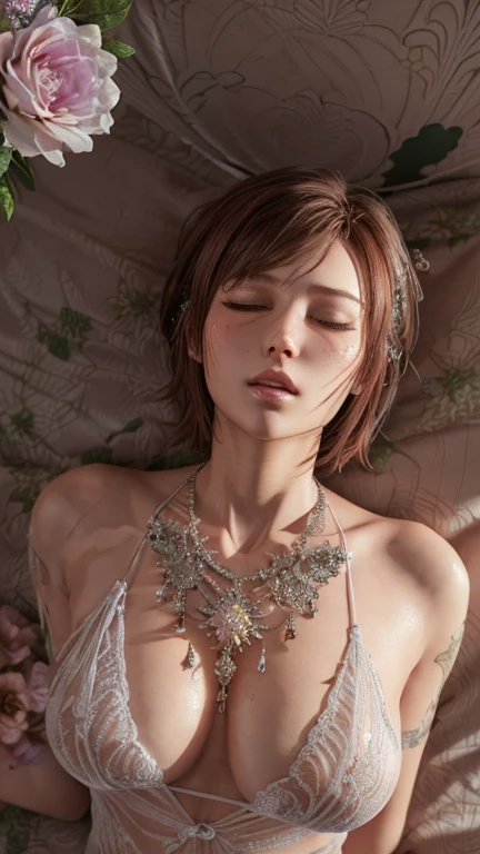 close-up, upper body. Short, red hair, closed eyes, green nightgown, kiss, sleeping girl . (masterpiece, top quality, best quality, official art, beautiful and aesthetically pleasing:1.2), extremely detailed,(fractal art:1.2),Colorful,The most detailed, (lying on back pose), (Bed background:1.5), (many flowers:1.4). ((SPLIT. Skin texture, shiny skin. elegance. photorealism. unreal engine. 3D model. Ultra high quality textures. high detail. permission 8k))