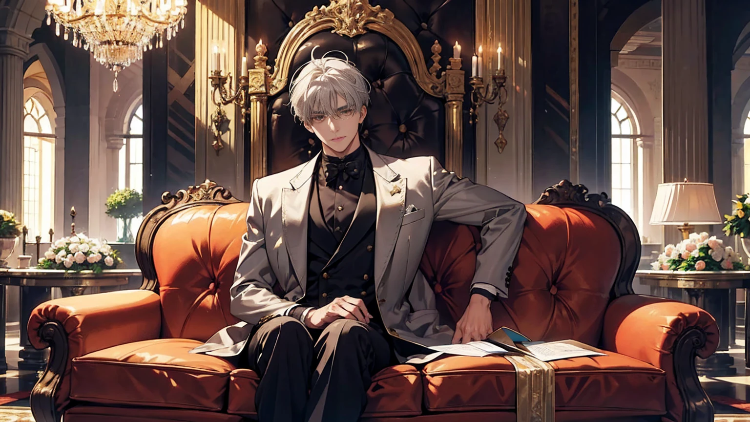 A young man. Has white hair and gold eyea. Wearing a black suit. Sitting down on a chair.