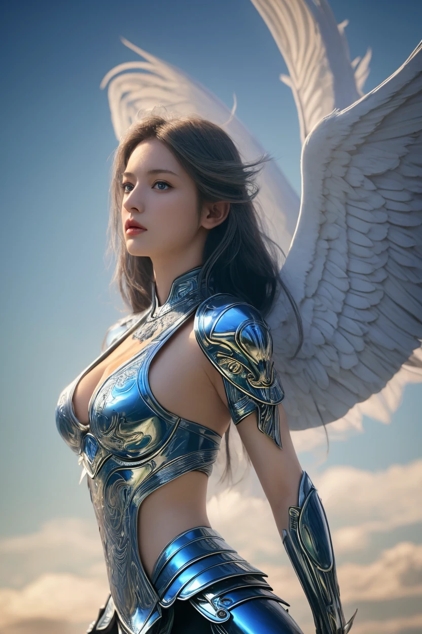 a beautiful girl with angel wings, sona blade, intricate angelic armor, detailed feathered wings, glowing ethereal light, cinematic composition, dramatic lighting, vibrant colors, digital art, fantasy art, highly detailed, delicate and elegant, masterpiece, photorealistic, 8k, best quality