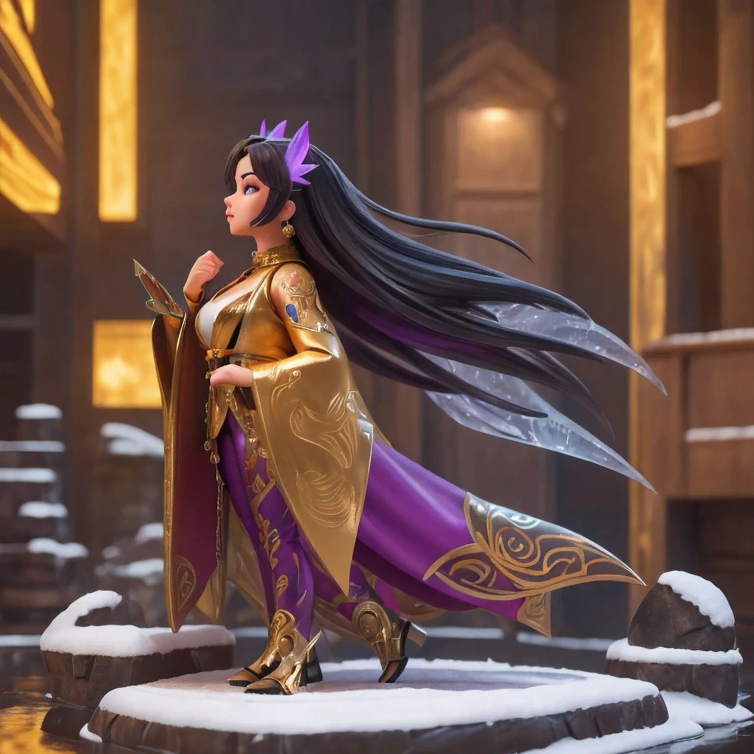 A stunning cyberpunk-inspired depiction of a levitating, nine-tailed fire fox spirit with a plump, angelic figure, wearing a black and gold gilded chest piece and purple crystal-adorned leggings. The scene is set against a snowy, ethereal backdrop, with the subject appearing in a 1:900 scale miniature model, captured in a side profile view. The image exudes a sense of transparency and crystalline clarity, with the subject's figure seemingly suspended in mid-air, surrounded by an icy mist and dramatic cinematic lighting that casts a brilliant glow. The detailed close-up shot highlights the subject's youthful, round features, captivating eyes, and a pair of luminescent, gold-rimmed goggles. This dreamlike, high-resolution illustration embodies a cyberpunk aesthetic, with a wide, panoramic composition and a masterful use of color, lighting, and texture to create a visually stunning and impactful artwork.