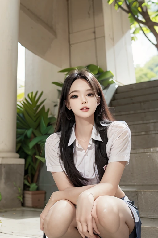 1girl, squat, wear mini skirt,, outside, park stairs, very long hair