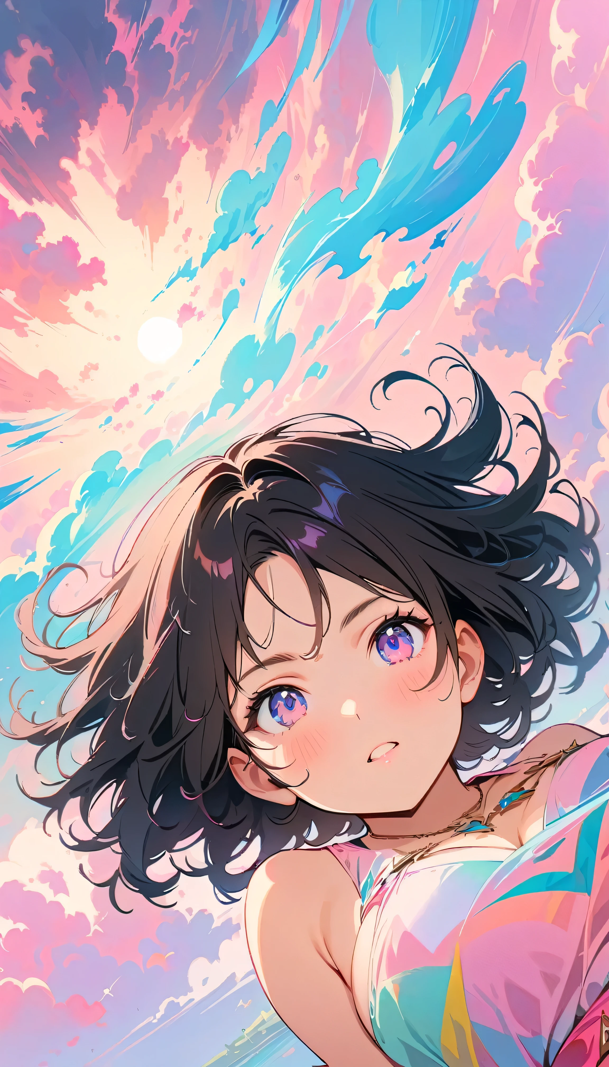 Best Quality, Very detailed, High resolution, Vibrant, masterpiece, Best Quality, Best aesthetics, One Woman, Super Fine, 8k, Very detailed, Beautiful Goddess, Pastel colored clouds, Pop Art, Delicate and dynamic, Pastel Color Fantasy, Black Hair, official art, Dynamic Angle, young