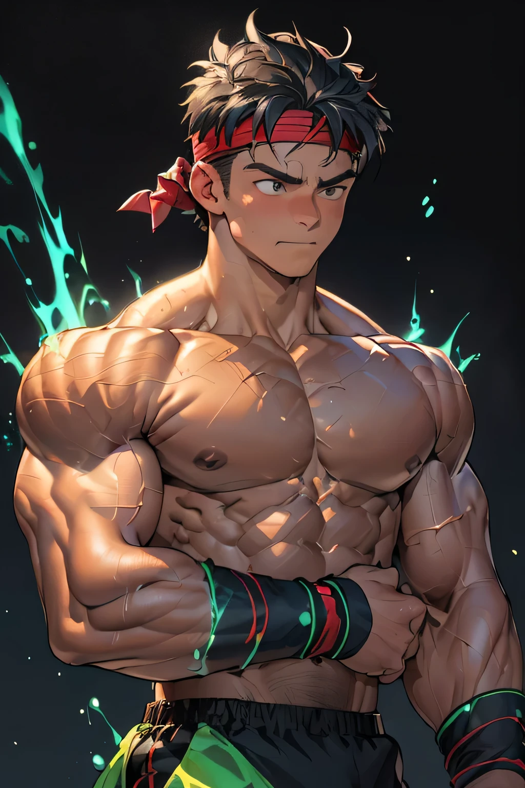 ((masterpiece, best quality)), (((((black background, deep night, upper body, looking away))))), (worm eyes, Young boy, muscler, Shirtless, topless), ((((1boy, solo, flesh, tough, reliable, developed body)))), (Dark Short straight hair, ((almost completely shaved hair)), under cut), (((red headband, black wristband))), Vivid colors, ((big breast:1.5, big abs:1.5, big shoulder:1.2, muscular body, sturdy body, defined round and fleshy pecs:1.5, defined round and fleshy ABS:1.5, defined round and fleshy armsmuscular:1.2, well-defined muscles, toned body:1.2, shouldermuscler:1.2)), muscler!, muscler body, detailed face, detailed muscle, (((rippling muscles, Flowing energy, wearing energy waves, and wind to emphasize the power of his magic. Highlight his aura, blue and green aura effect, energy stream, holding aura energy, ready to fight, fighting pose, boxing stance, uppercut:1.2, body blow)))