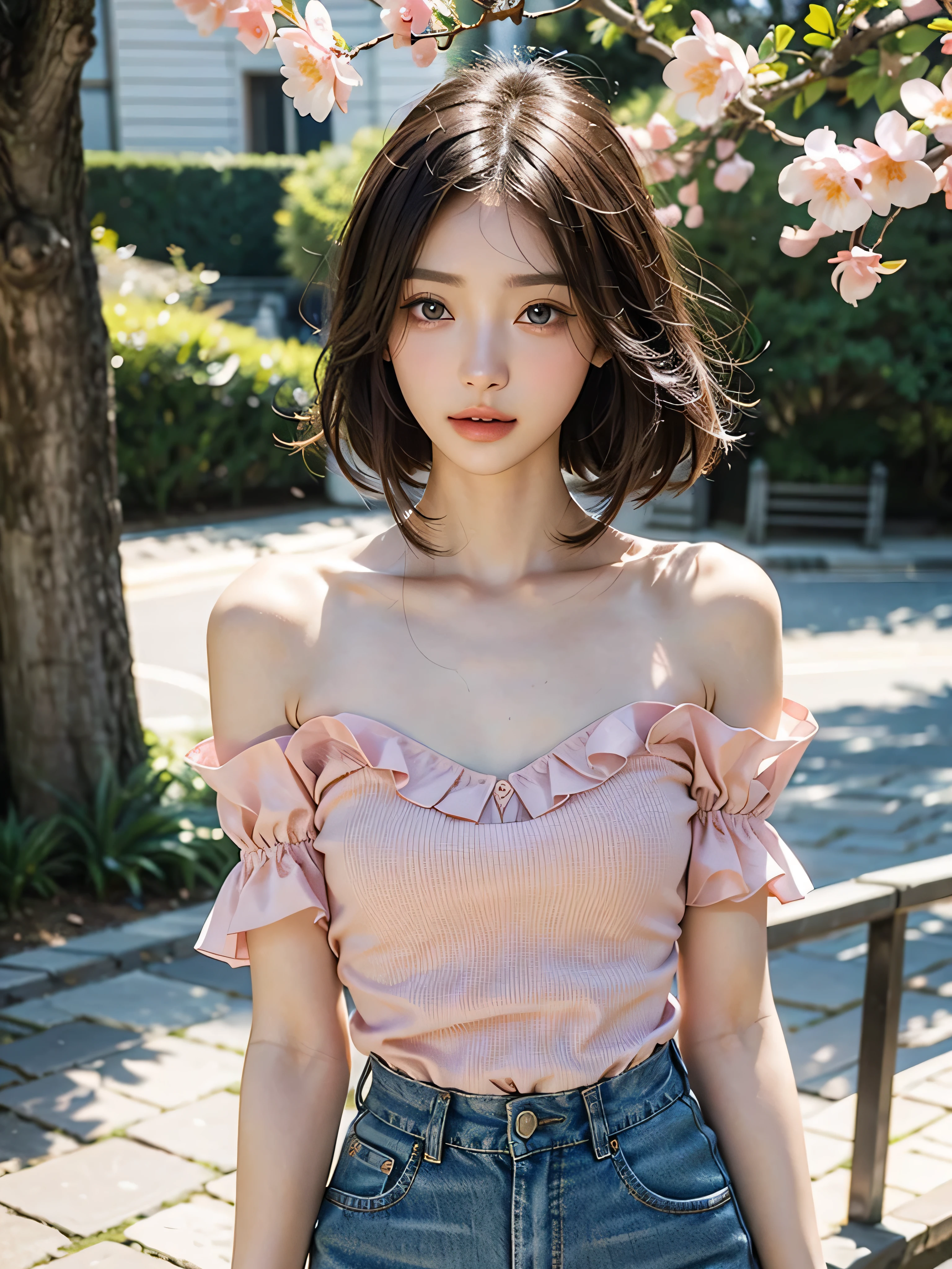 ((Best Quality, 8K, Masterpiece: 1.3)), (Flower Cap: 1.3), Focus: 1.2, Perfect Body Beauty: 1.4, Buttocks: 1.2, (Layered Haircut: 1.2)), (Dark Street: 1.3), Highly Detailed Face and Skin Texture, Full Body, Delicate Eyes, Double Eyelids, Skin, Long Hair, (Round Face: 1.5), (Loose Crop Top, Shorts: 1.6) top colour pink