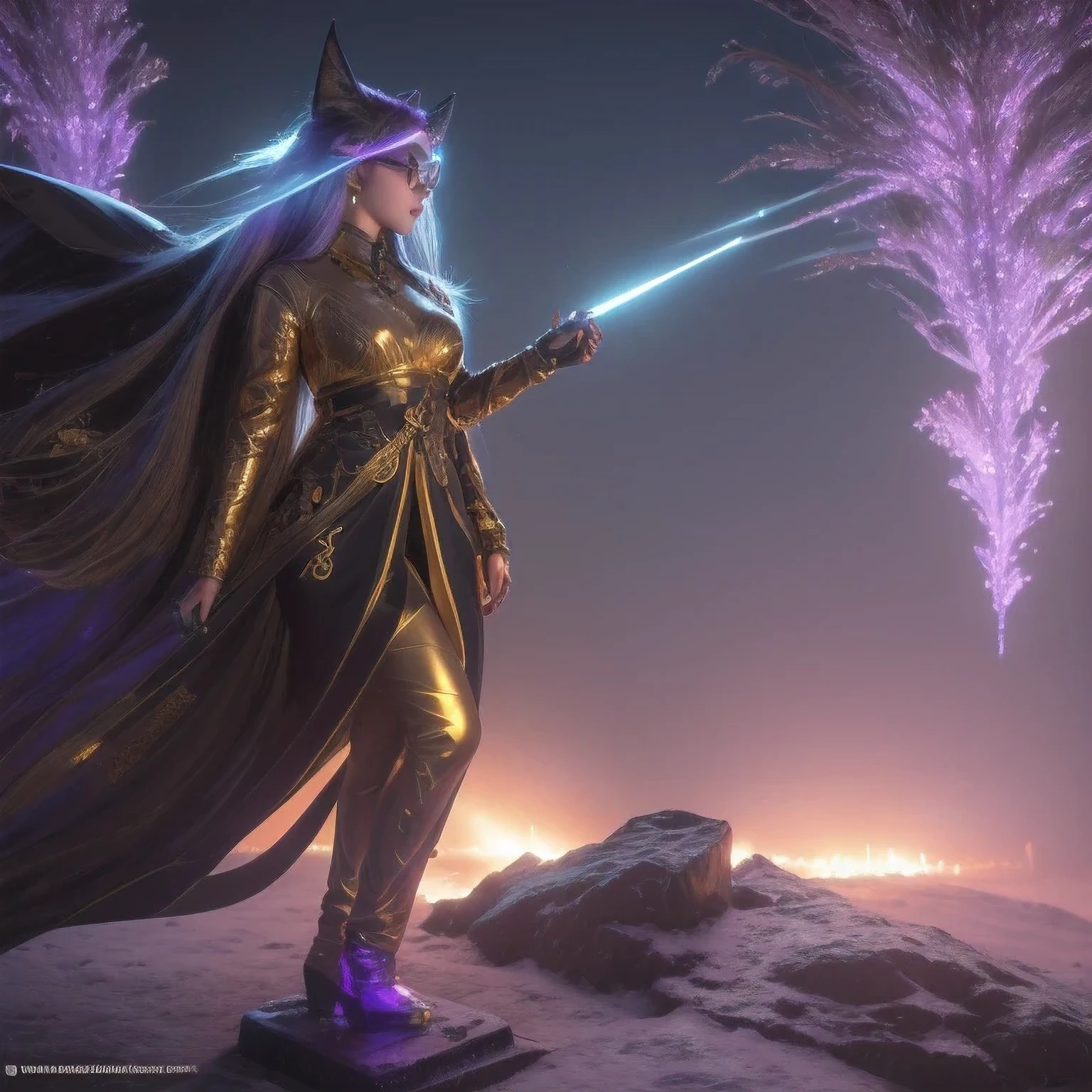 A stunning cyberpunk-inspired depiction of a levitating, nine-tailed fire fox spirit with a plump, angelic figure, wearing a black and gold gilded chest piece and purple crystal-adorned leggings. The scene is set against a snowy, ethereal backdrop, with the subject appearing in a 1:900 scale miniature model, captured in a side profile view. The image exudes a sense of transparency and crystalline clarity, with the subject's figure seemingly suspended in mid-air, surrounded by an icy mist and dramatic cinematic lighting that casts a brilliant glow. The detailed close-up shot highlights the subject's youthful, round features, captivating eyes, and a pair of luminescent, gold-rimmed goggles. This dreamlike, high-resolution illustration embodies a cyberpunk aesthetic, with a wide, panoramic composition and a masterful use of color, lighting, and texture to create a visually stunning and impactful artwork.