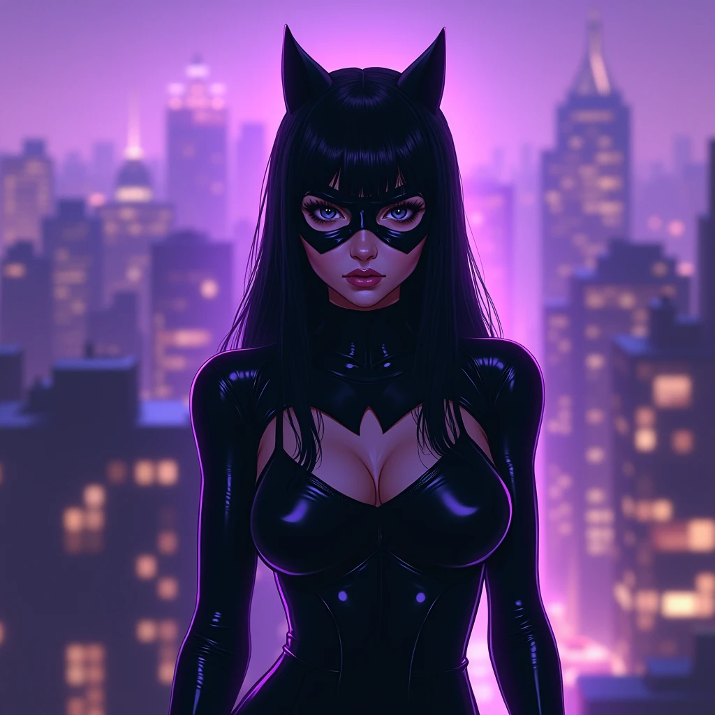 Anime cartoon woman, Curly hair brunette, sensual and penetrating look, big black eyes, long eyelashes, thin, red lips, voluminous black hair to the shoulders, round-tipped nose, black clothing, black makeup