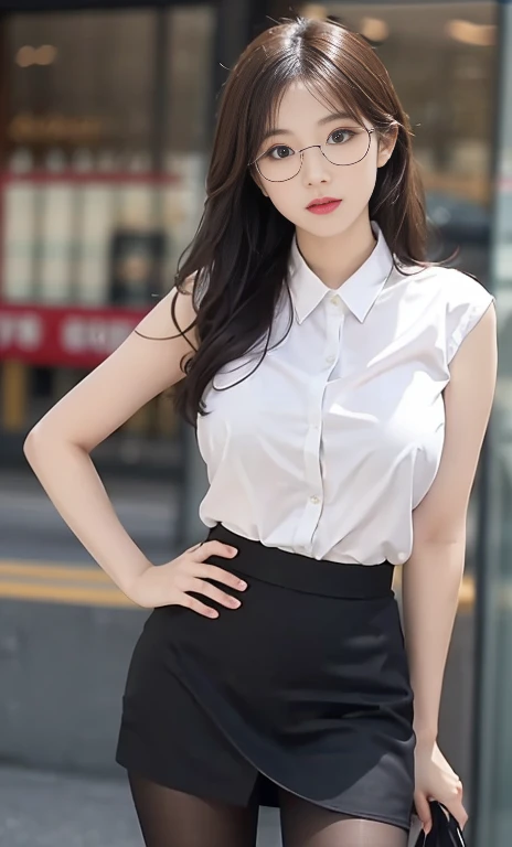 A beautiful beauty, long black hair, big eyes, round face, t-shirt , tight purple metalic skirt, sneakers , slightly fat, plump and sexy, delicate facial features, in the room, dark room, dark sky and dark clouds, HD, high quality, the best picture quality, extreamly thight skirt, glasses, chubby thighs, detail face
