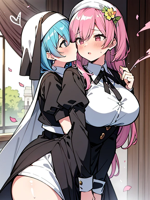 pov, paizuri, 2girls,, , , , paizuri,   penis between the breasts, assassin nun, short hair, long hair, holding a knife, cleavage,, cleavage, , sweat, breasts, naughty, sweat, , fantasy nun,  grey skin, ornaments, rosaria, room window, armpit, red hair, blue hair, isekai nun