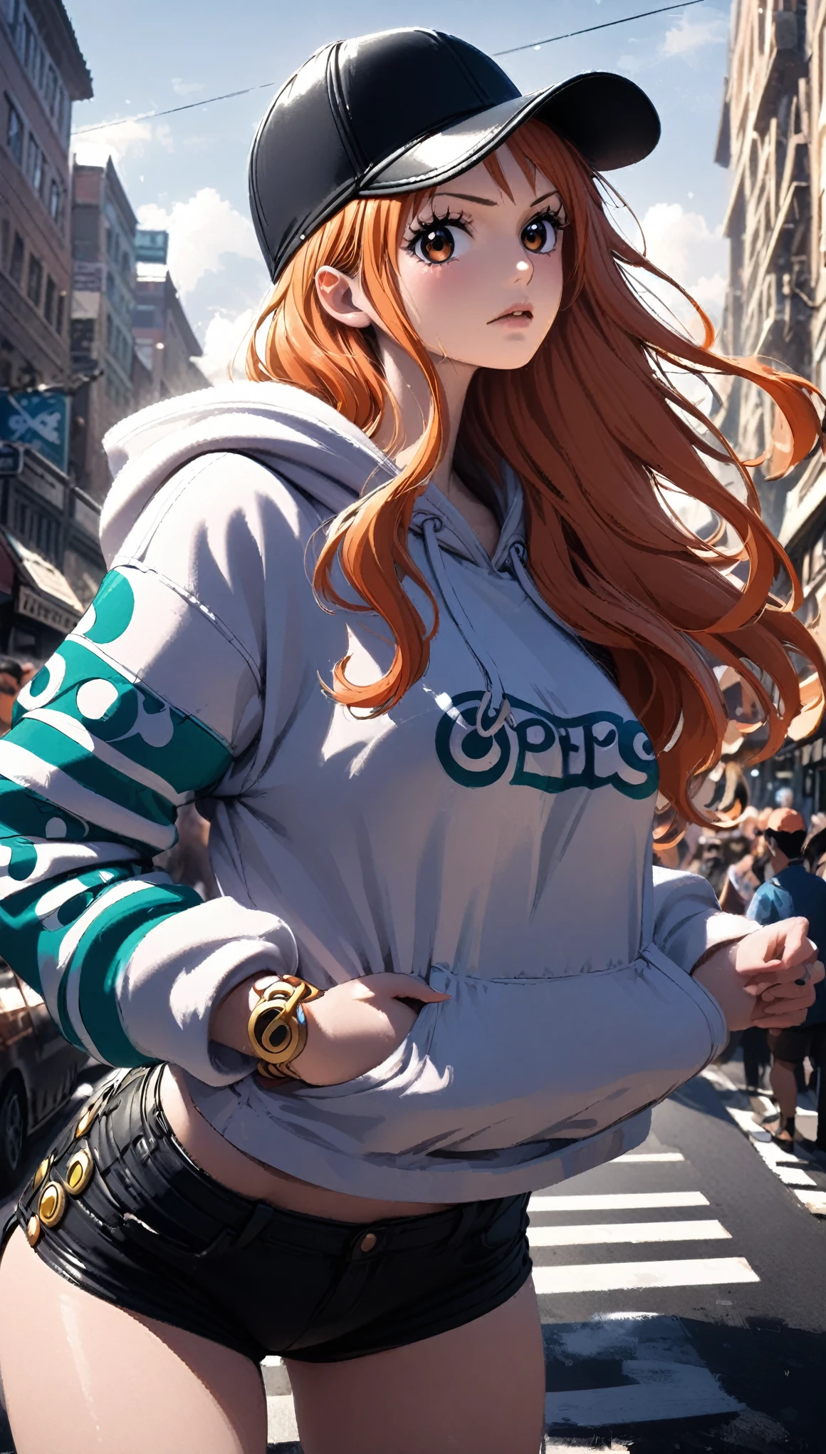 masterpiece, best quality, intricate details, 1 girl, woman, orange hair, nami \ (one piece\), baseball cap, oversized hoodie, black shorts, female focus, outdoors, city, looking at viewer, ((side view)) ((close up shot)) ((solo)) detailed, very high resolution, no blurry image, standing, cowboy shot, green eyes, ((nami from one piece)) ((female nami from one piece)), outdoors, city