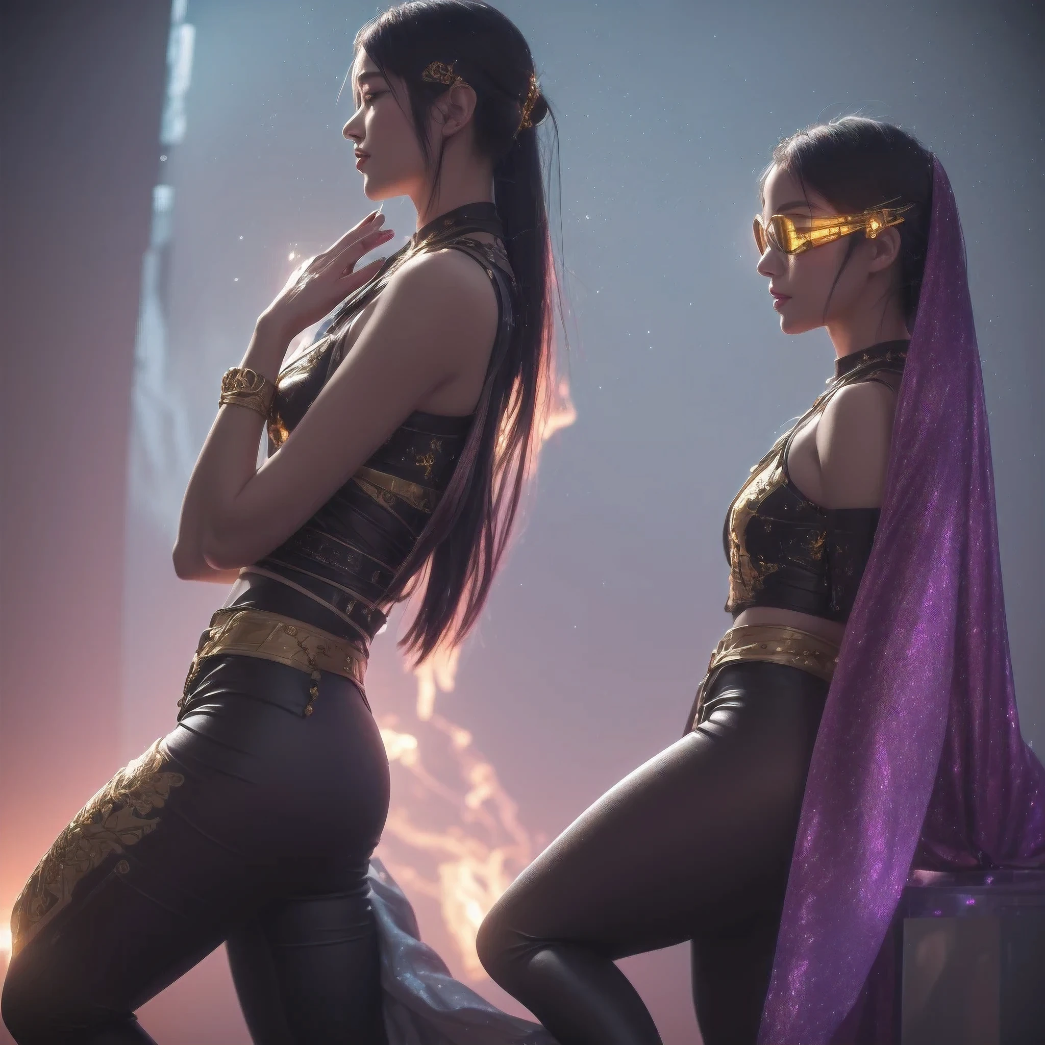 A stunning cyberpunk-inspired depiction of a levitating, nine-tailed fire fox spirit with a plump, angelic figure, wearing a black and gold gilded chest piece and purple crystal-adorned leggings. The scene is set against a snowy, ethereal backdrop, with the subject appearing in a 1:900 scale miniature model, captured in a side profile view. The image exudes a sense of transparency and crystalline clarity, with the subject's figure seemingly suspended in mid-air, surrounded by an icy mist and dramatic cinematic lighting that casts a brilliant glow. The detailed close-up shot highlights the subject's youthful, round features, captivating eyes, and a pair of luminescent, gold-rimmed goggles. This dreamlike, high-resolution illustration embodies a cyberpunk aesthetic, with a wide, panoramic composition and a masterful use of color, lighting, and texture to create a visually stunning and impactful artwork.