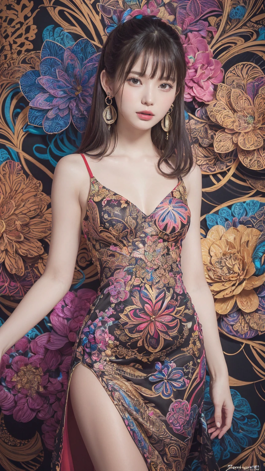 ((最大16K解像度のmasterpiece:1.6)),beautiful,Highest quality,Absolutely wonderful,Very detailed,Ultra-high resolution,masterpiece,Realistic,Realistic,Increased depth of field,Cinematic Light, 
One elegant mature woman, Long black hair,精巧なディテールのbeautiful顔,Face with a gentle expression,Transparent white skin,Very delicate skin texture,Great proportions,Anatomically correct body, 
high slit dress,Gorgeous colors,Gorgeous and detailed pattern,Beautifully detailed pattern,Detailed cloth texture,
Black Background,((Dramatic Angle:1.3)),