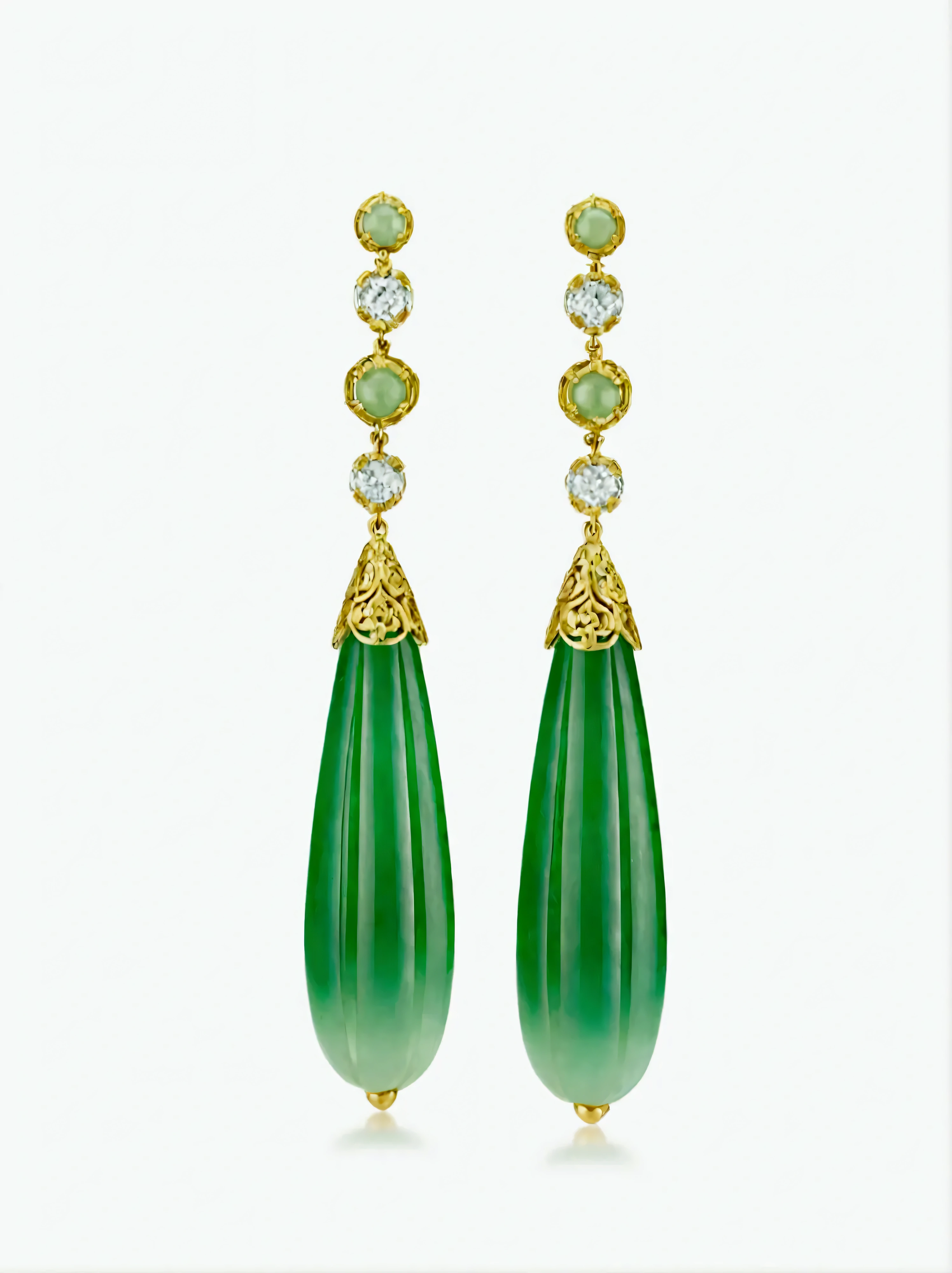 pair of green jade and diamond earrings with gold accents, qing dynasty, jade, sha xi, shan shui, 1 9 2 0's, emerald earrings, feng zhu |, circa 1 9 3 9, ivan, jingna zhang, su fu, 1900's, 1890s, 1 0 s, tang mo, wu liu